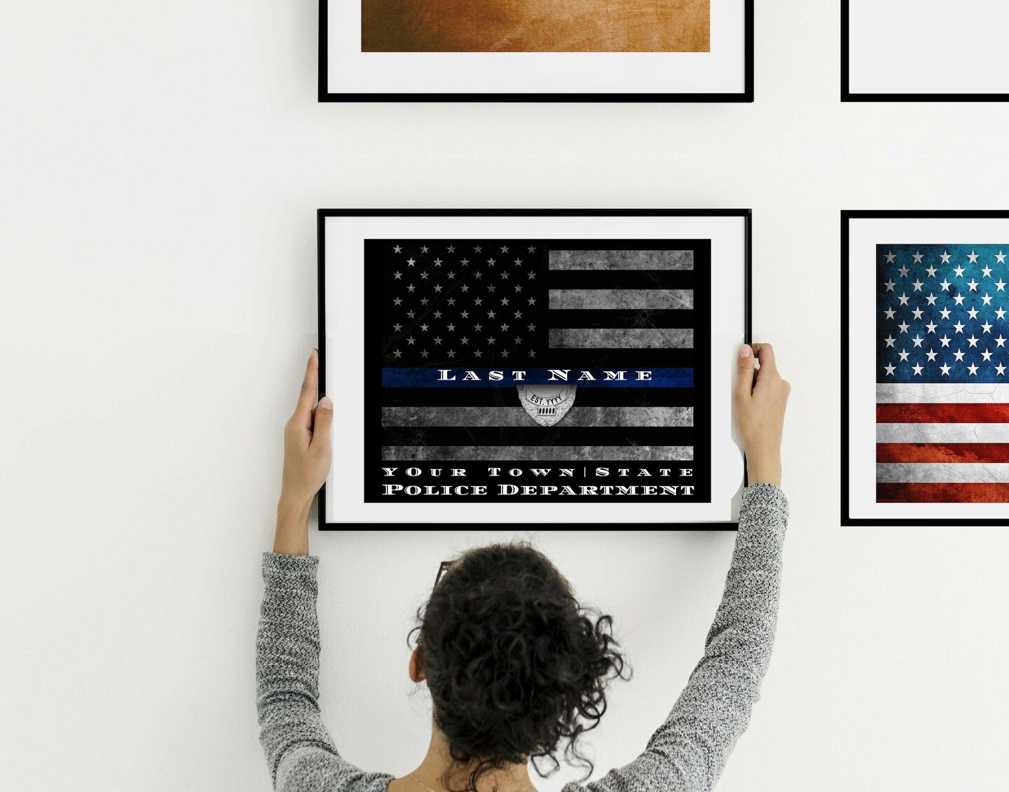 Police Officer Thin Blue Line Flag Picture Frame Art