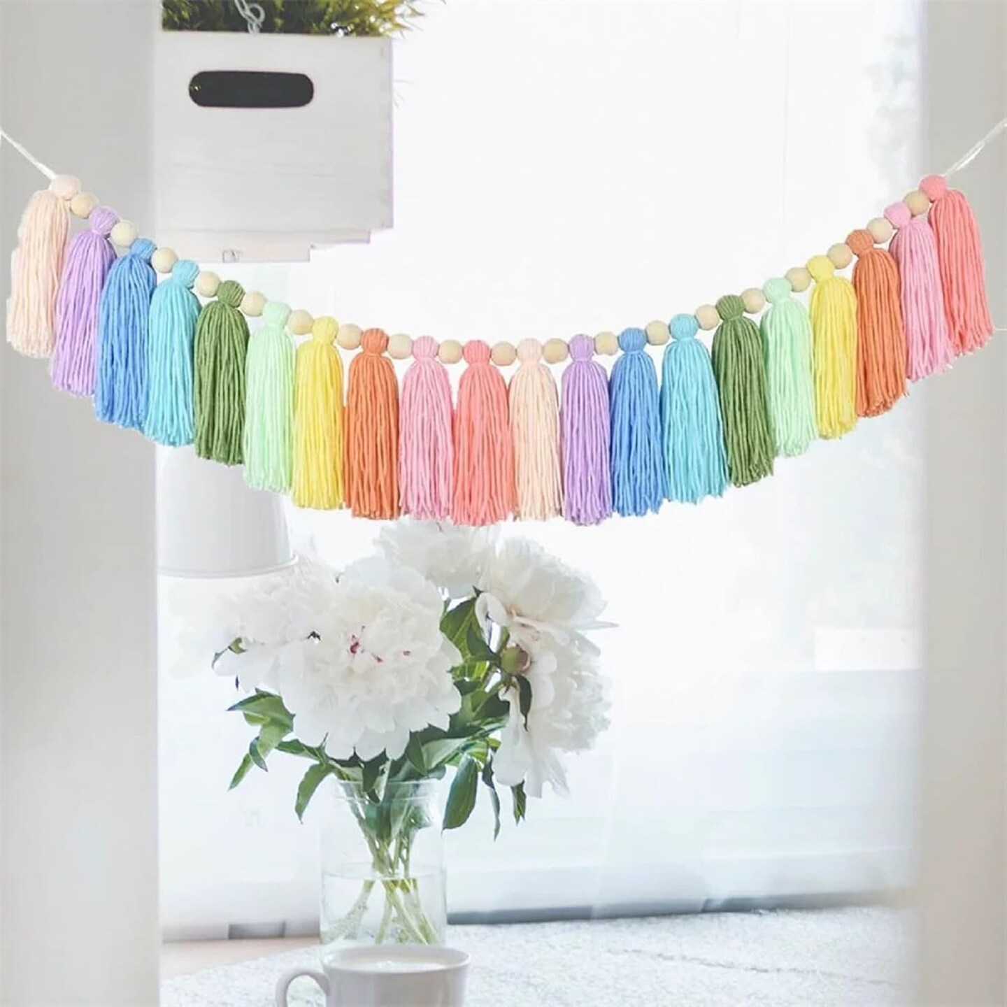 Rainbow Tassel Garland for Kids Room Classroom Bedroom Nursery Home Decoration Colorful Wall Hanging Garland Party Baby Shower Boho Tassel with Wood Decor Decorative Banner Pastel Beads