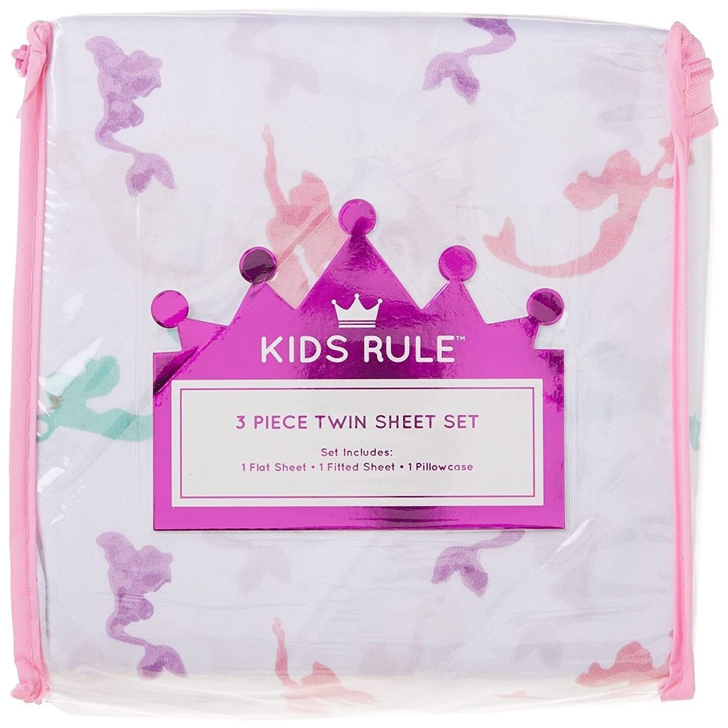 Kids Rule 3-Piece Multicolored Mermaid Sheet Set for Kids &#x26; Girls - 1 Twin Flat Sheet, 1 Twin Fitted Sheet &#x26; 1 Queen Pillowcase, Soft Brushed Microfiber Polyester Bed Sheet, Smooth &#x26; Durable