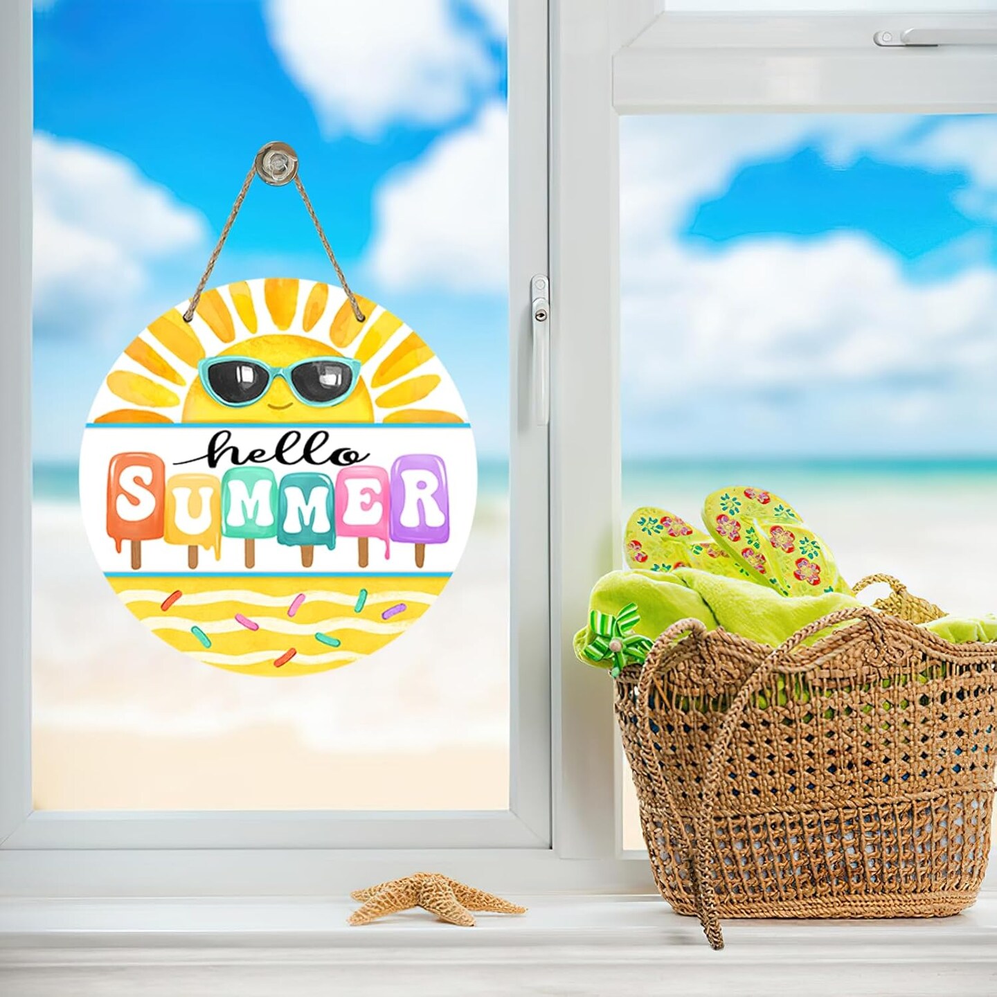 Hello Summer Sun Sunshine Front Door Sign, Popsicle Sunglasses Yellow Wood Door Hanger Outdoor Outside Porch Decor, Seasonal Wooden Wreath Indoor Wall Hanging Decoration