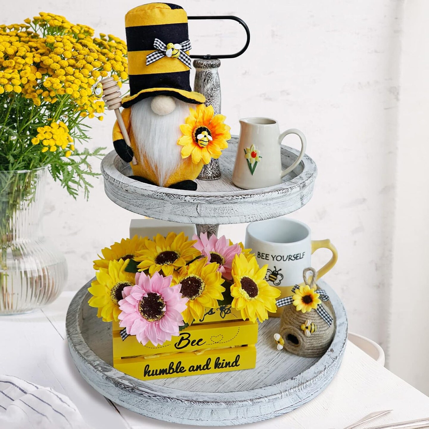 Bee-Themed Farmhouse Decor Set – Gnome Plush, Wood Crates & Sunflower Accents for Summer Home
