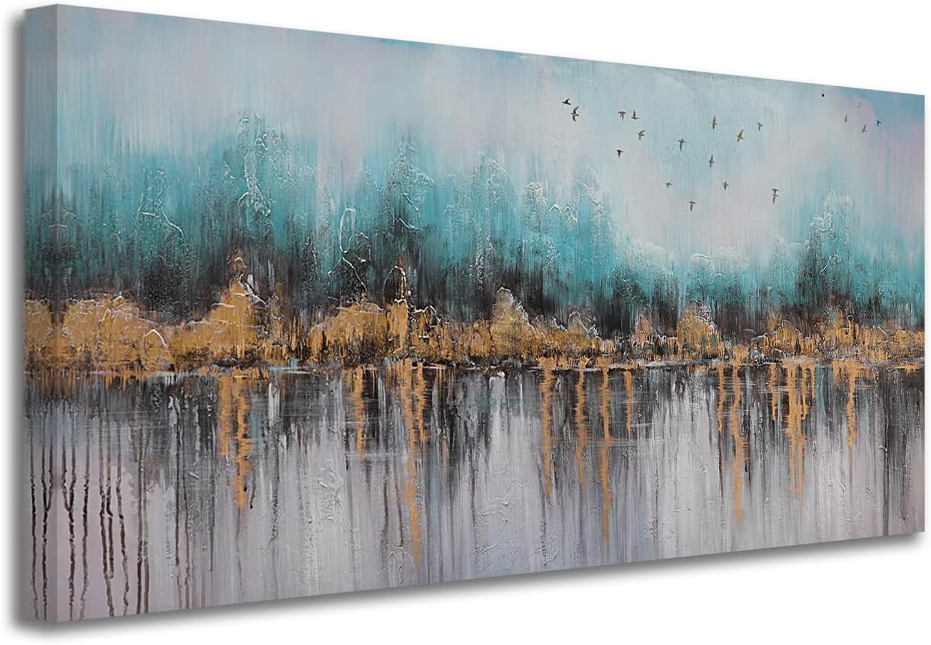 Teal & Gold Abstract Canvas Wall Art 40x20" – Framed, Textured, Ready to Hang.