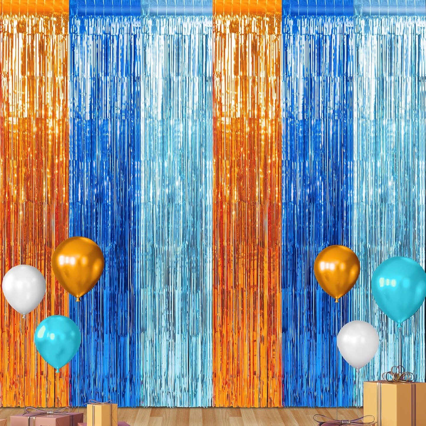 3 Pack 3.3X6.6Ft Blue Dog Foil Fringe Curtains Backdrop Decorations, Orange Blue and Light Blue Birthday Party Tinsel Metallic Streamers Photo Booth Background for Blue Dog Theme Party Supplies