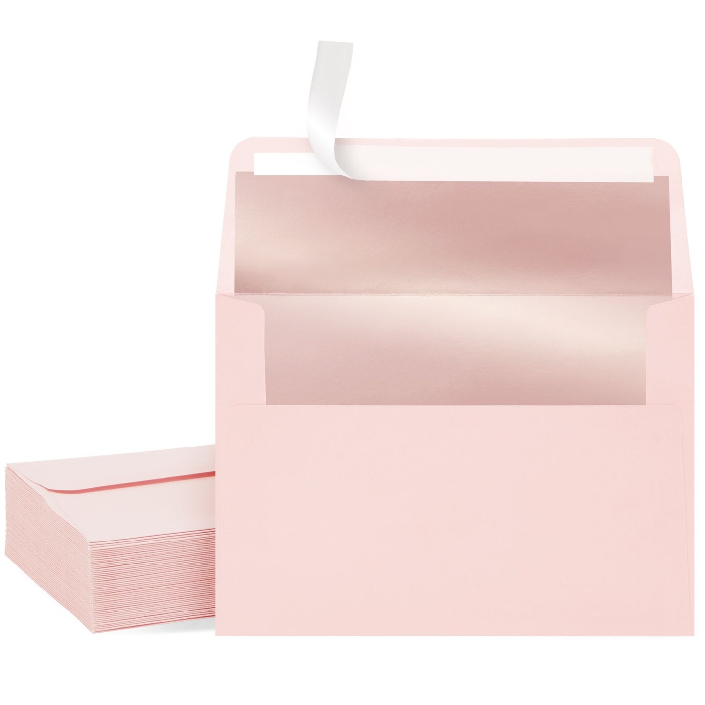 50 Pack Pink A7 Envelopes, 5x7 Size for Mailing Wedding Invitations, Announcements, Bridal Shower, Greeting Cards, Thank You Notes, Rose Gold Foil Lining, Peel &#x26; Stick Seal