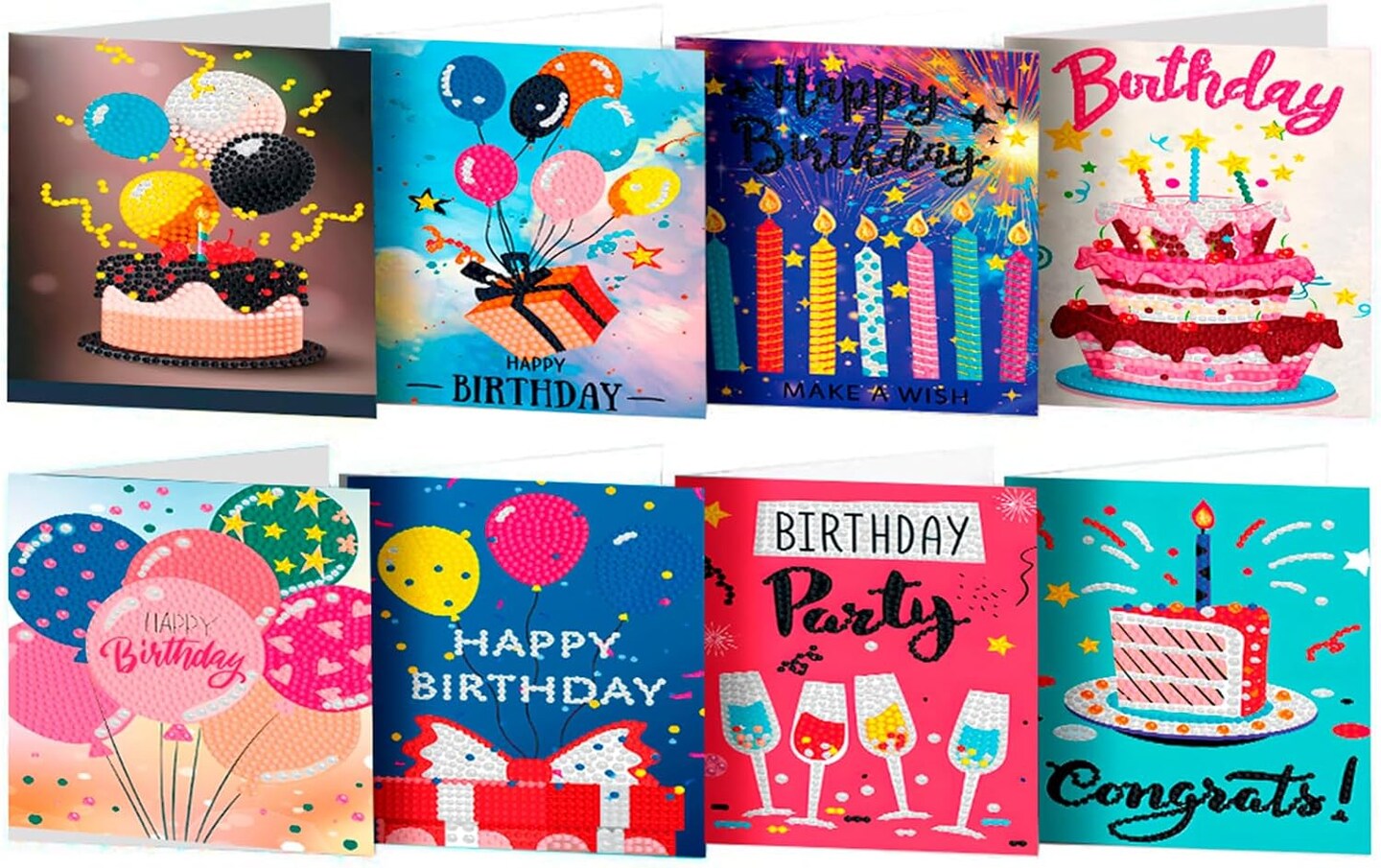 Diamond Art Painting Happy Birthday Cards, 8 Packs DIY 5D Diamond Greeting Cards Kits for Adults Diamond Art Birthday Cards with Envelopes Birthday Gifts for Families, Friends, Partners