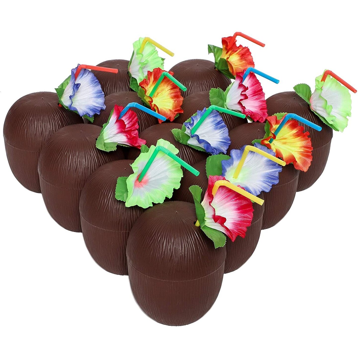 Juvale 12-Pack 16 Ounce Plastic Coconut Cups with Straws, Hawaiian Tropical Luau Party Supplies