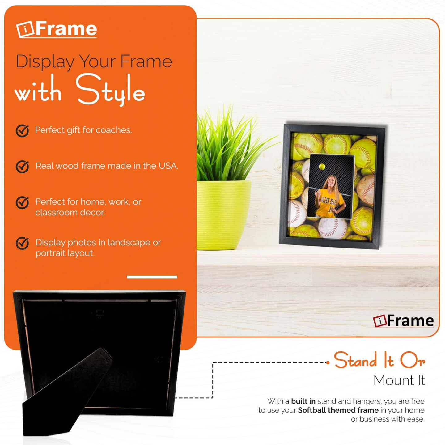 iFrame Commemorative Sports Athletics Frames I Fits 5x7 Photograph, Real Wood Black Finish, Desktop, Table Or Wall Mount I Shatterproof Plexiglass I Made in the USA
