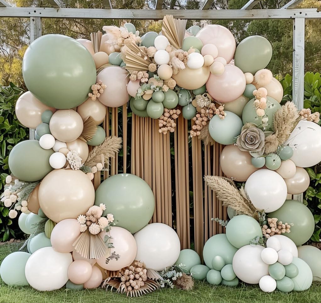 Sage Green & White Balloon Garland – Double Stuffed Neutral Balloons for Boho Baby, Bridal Shower & Birthday Decor