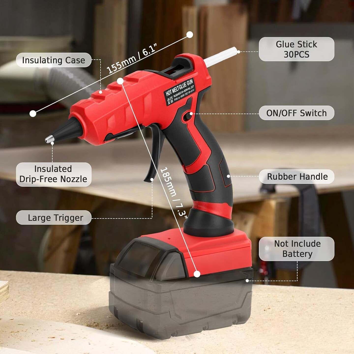 Cordless Hot Glue Gun for Milwaukee 18V Battery, Hot Glue Gun Kit for Milwaukee Tools in Crafting, Wood, PVC, Glass, Home Repair with 30 Pcs 0.27 * 5.9 inch Hot Glue Sticks (Battery Not Included)