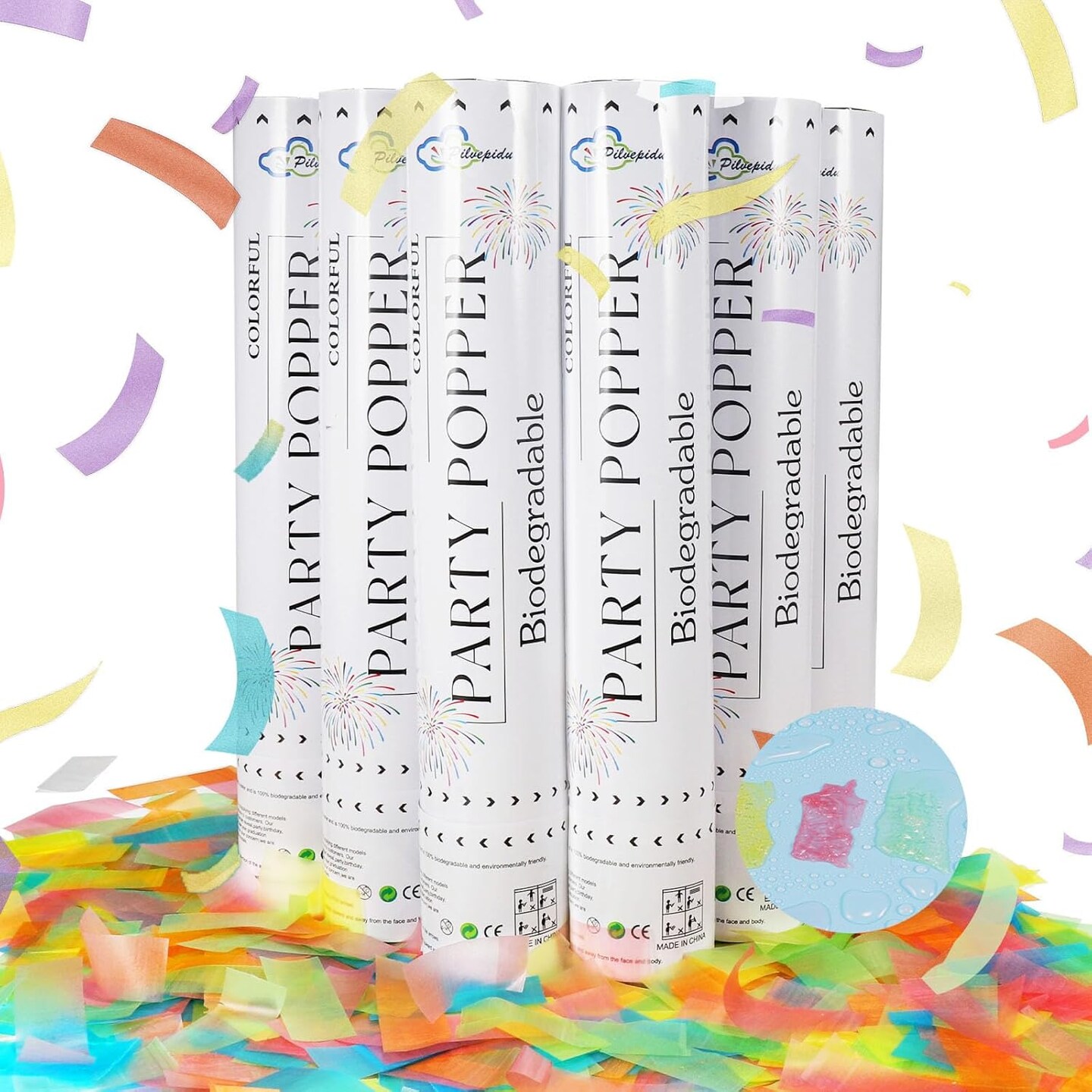 6PCS White Biodegradable Confetti Cannons – Air-Powered Party Poppers for Weddings & Birthdays