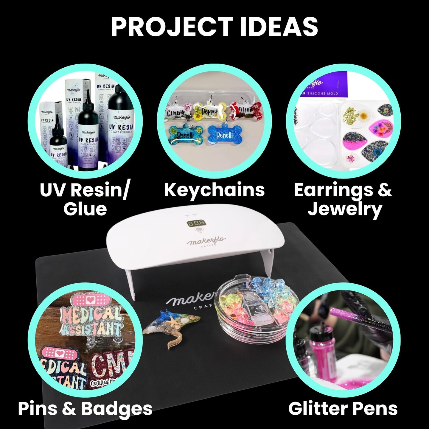 Makerflo UV Resin Lamp – 36W, 23 LED Bulbs, 365-405nm Curing, USB-C Rechargeable, Wireless/Wired, 3 Timer Modes, Digital Display, Adjustable Legs – Perfect for Resin Crafts & Jewelry