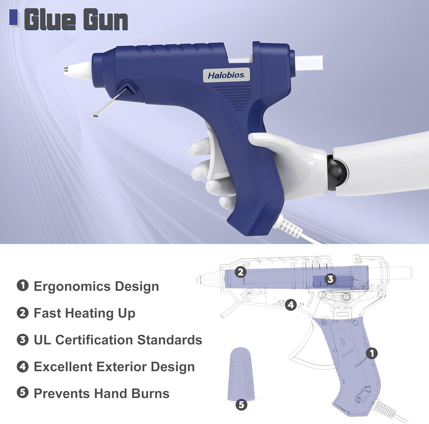 Hot Glue Gun with 20 Glue Sticks, Halobios Fast Preheating Glue Gun Hot Melt Glue Gun and Stick Set, Hot Glue Gun Full Size for Making Decoration School DIY Crafts Projects Home Repairs (40W Blue)