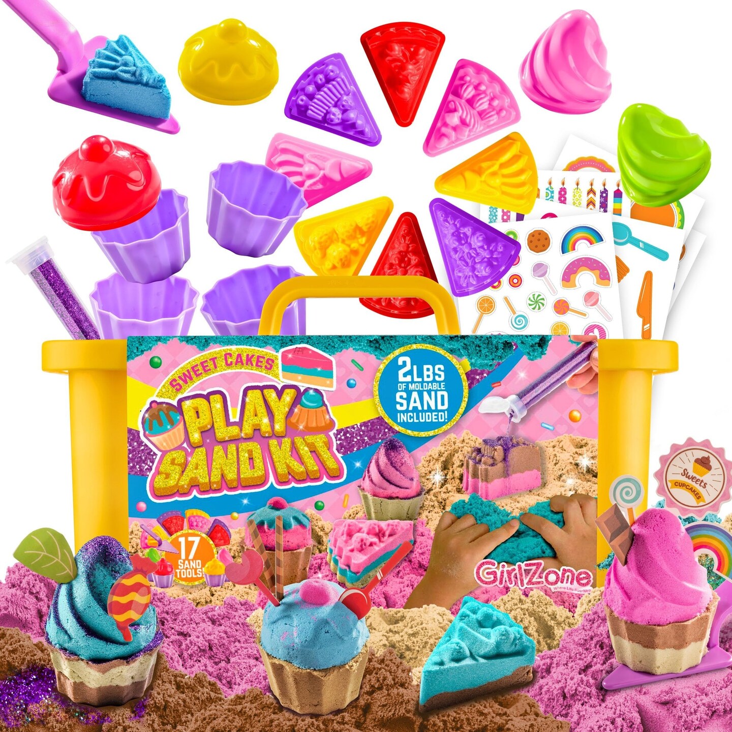 GirlZone Sand Art Kit for Kids, 2 lb Moldable Sand in Sweet Cakes Style, Includes 17 Tools for Creative Cake Design & Sensory Play, Fun Baking-Themed Activity, Easter & Birthday Gift for Girls