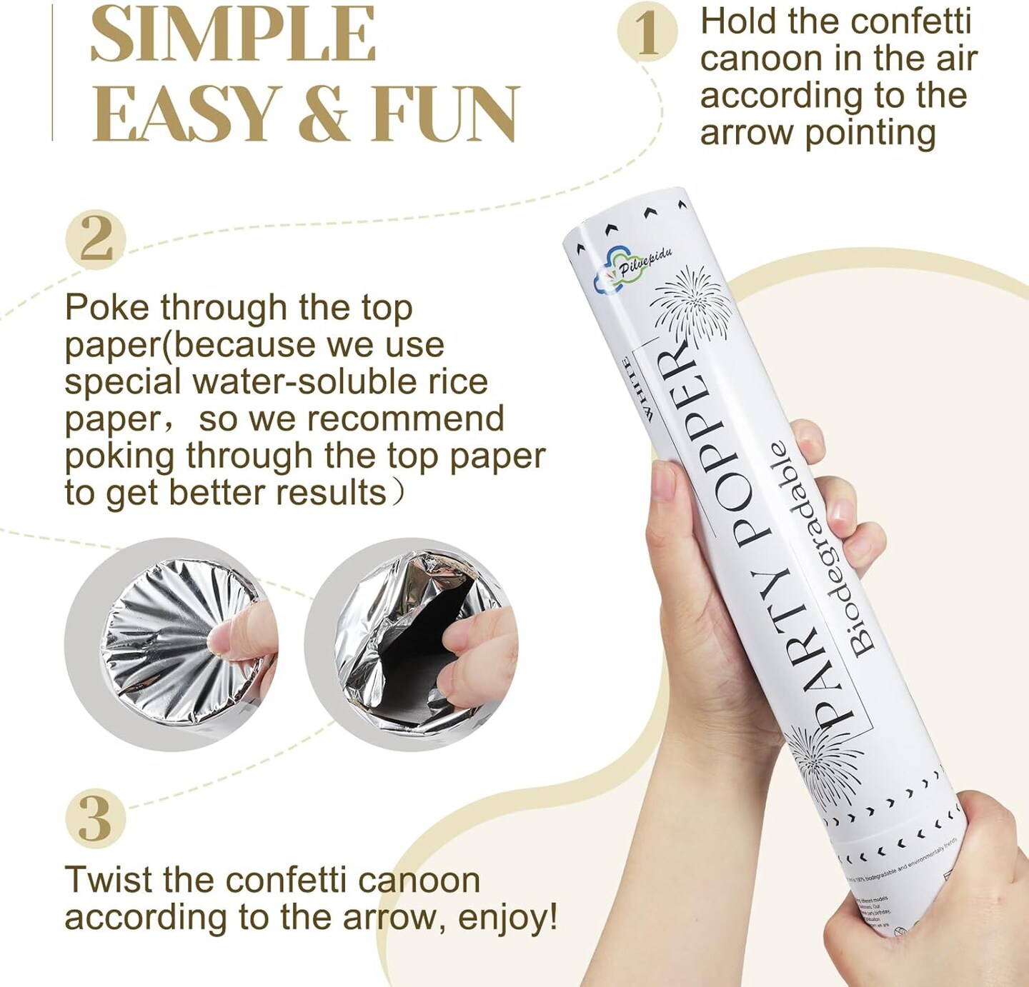 6PCS White Biodegradable Confetti Cannons – Air-Powered Party Poppers for Weddings & Birthdays