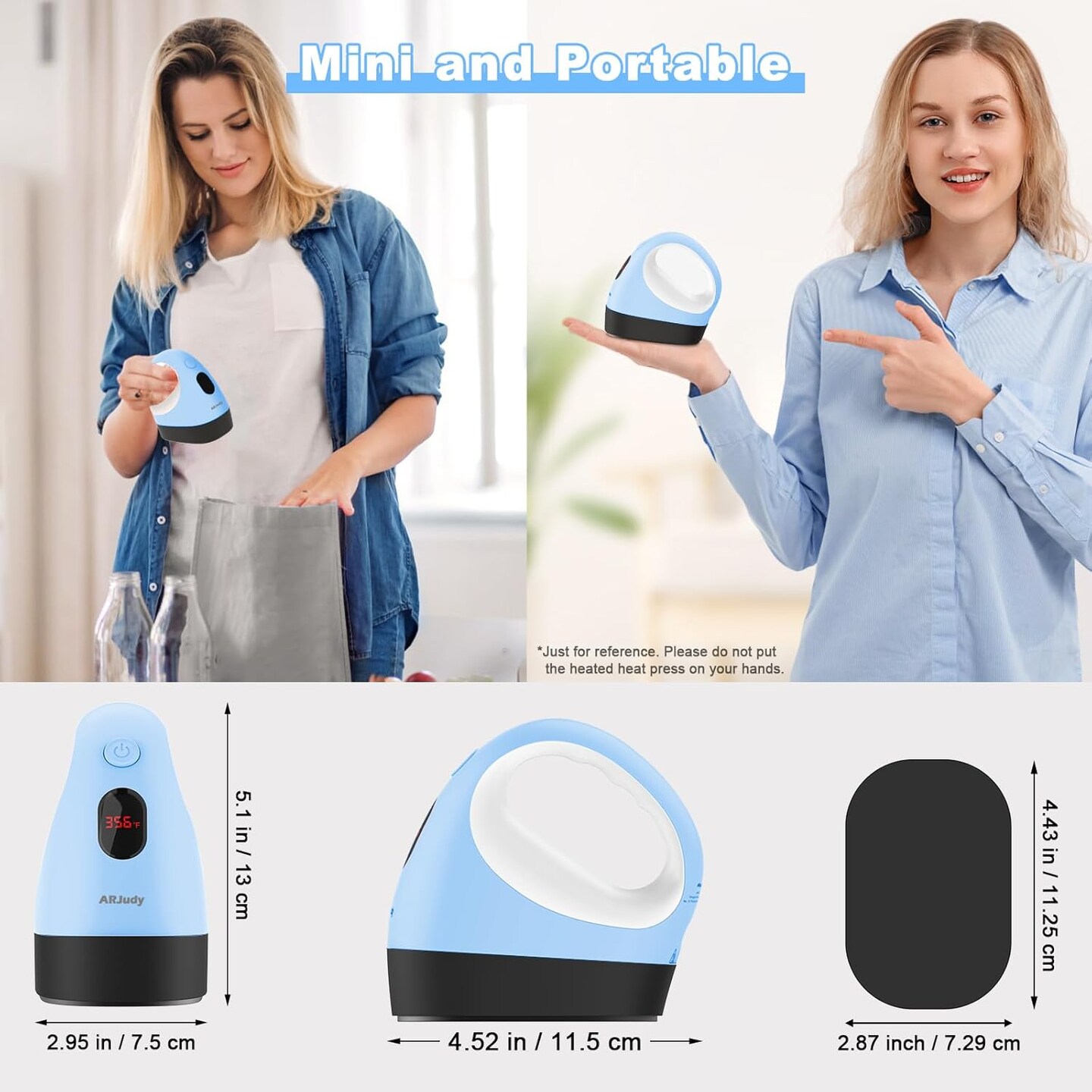 Mini Heat Press Machine, Mini Heat Transfer Iron, 3 Settings Levels &#x26; Visible Temp, Portable Press Easy for Crafts, T-Shirt, Hats, Shoes, Bags, Cap and Small Vinyl Projects (Blue)
