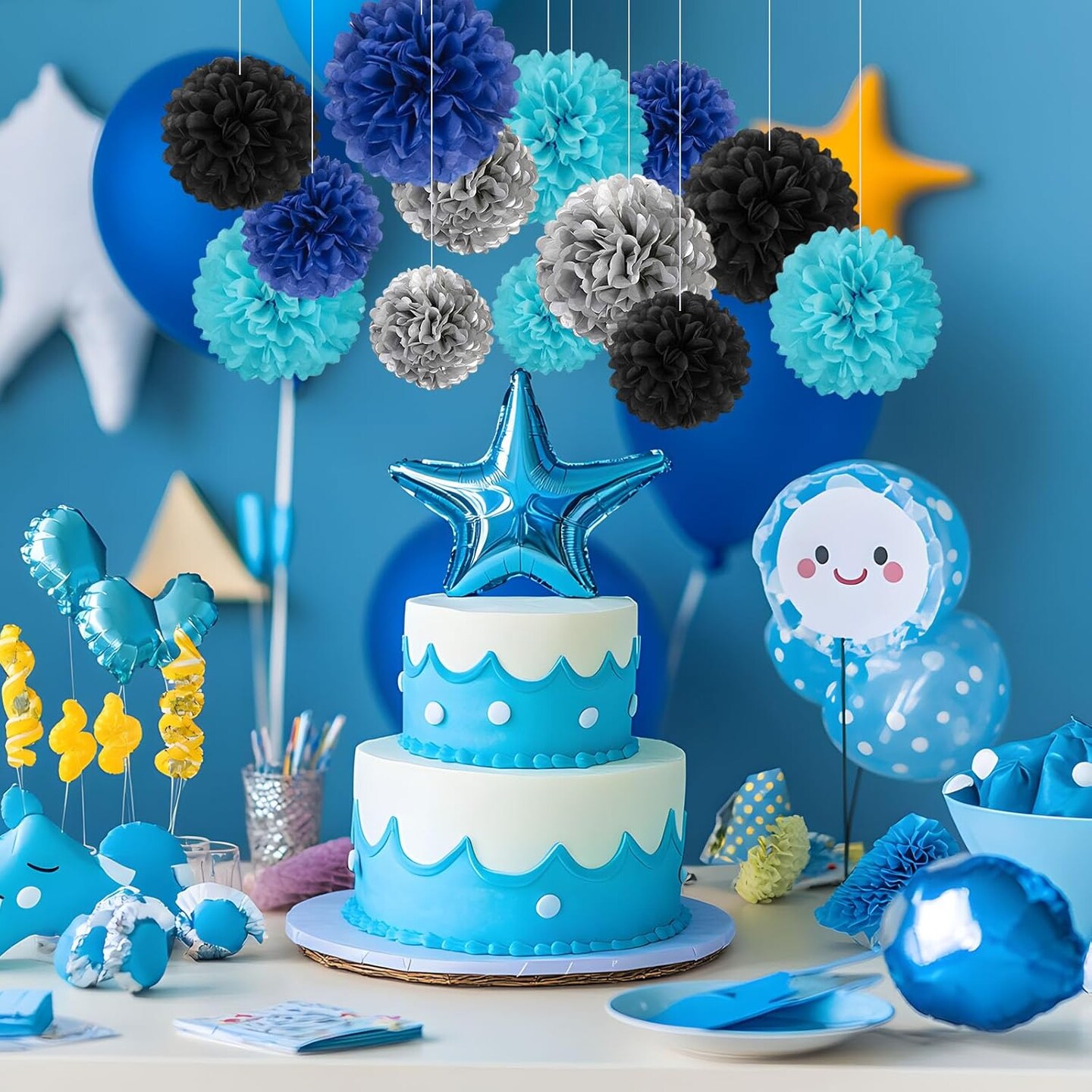 20 PCS Tissue Paper Pom Poms, Tissue Pom Poms Flowers, Sizes of 6&#x22;, 10&#x22;, 12&#x22;, 14&#x22; Hanging Paper Flower Ball for Wedding, Birthday, Graduation, Baby Shower Party Decor (Black Silver Blue)