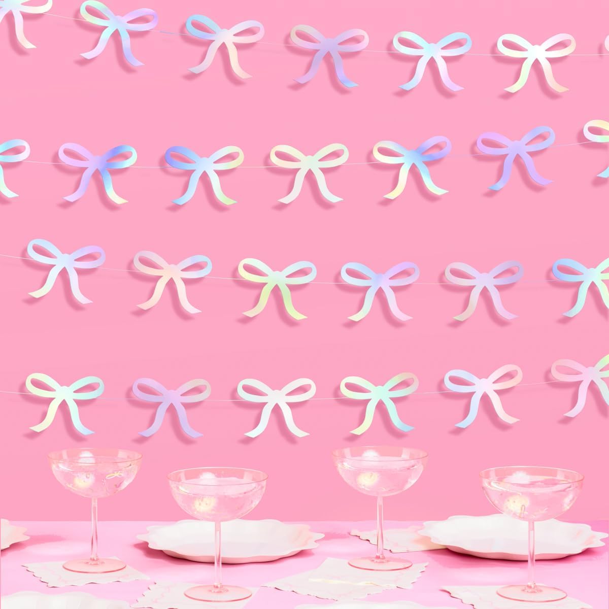 Iridescent Bow Hanging Garland - 4 pcs, 12&#x27; | Bachelorette Decorations, Tying The Knot Bride Bach Decor, Birthday Party Favor, Baby Shower Supplies, Coquette Photobooth Backdrop