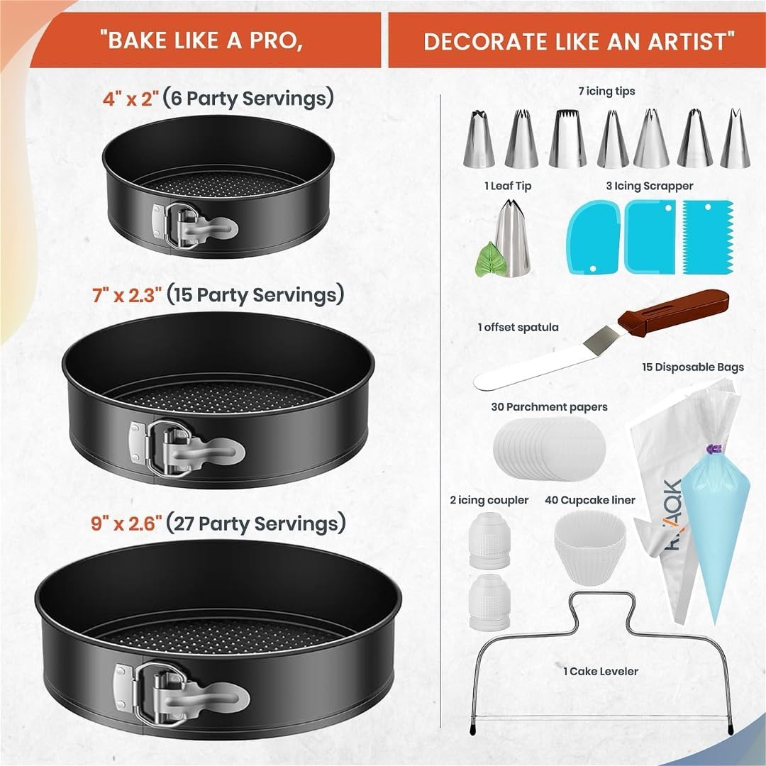 100-Piece Cake Pan & Decorating Set – 3 Non-Stick Springform Pans, Icing Tips, Leveler & eBook