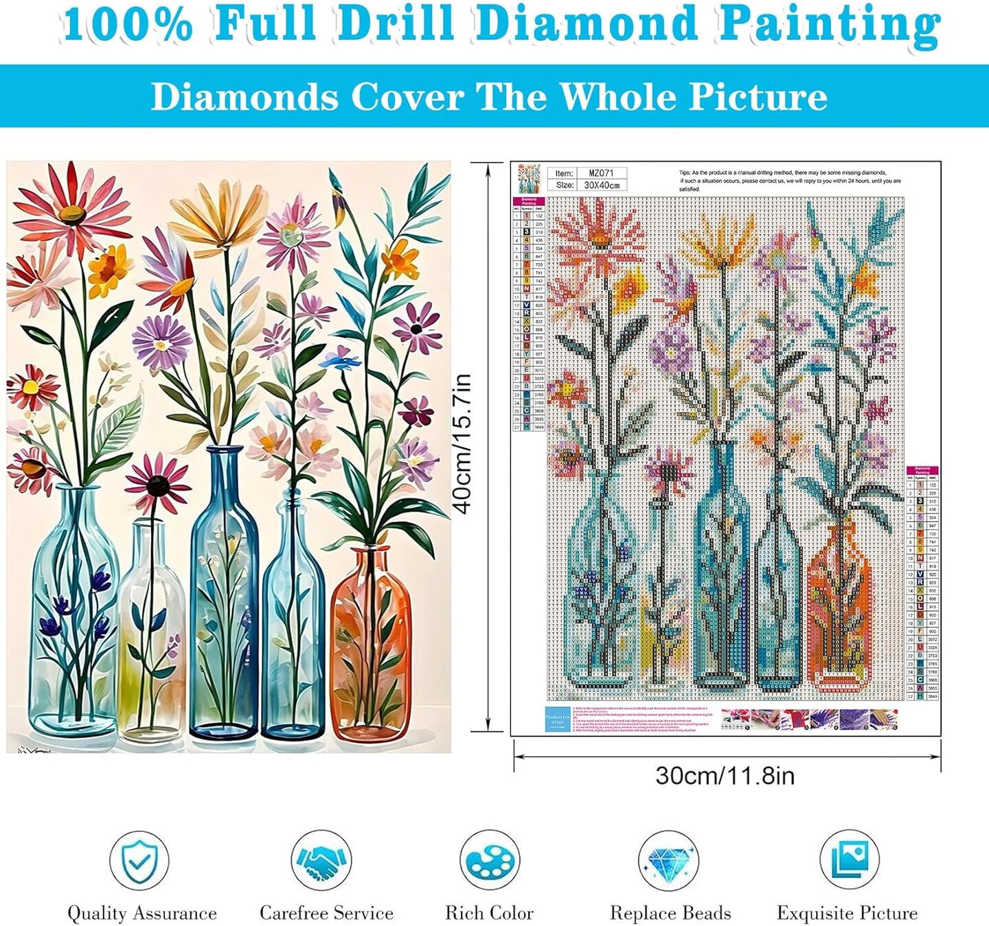 DIY Diamond Art Kits for Adults Flowers Diamond Painting Kits for Adults Beginners, Round 5D Full Drill Paint by Diamonds Gem Art Dots Painting Vase Flowers Crafts for Home Wall Art Decor 11.8x15.7in