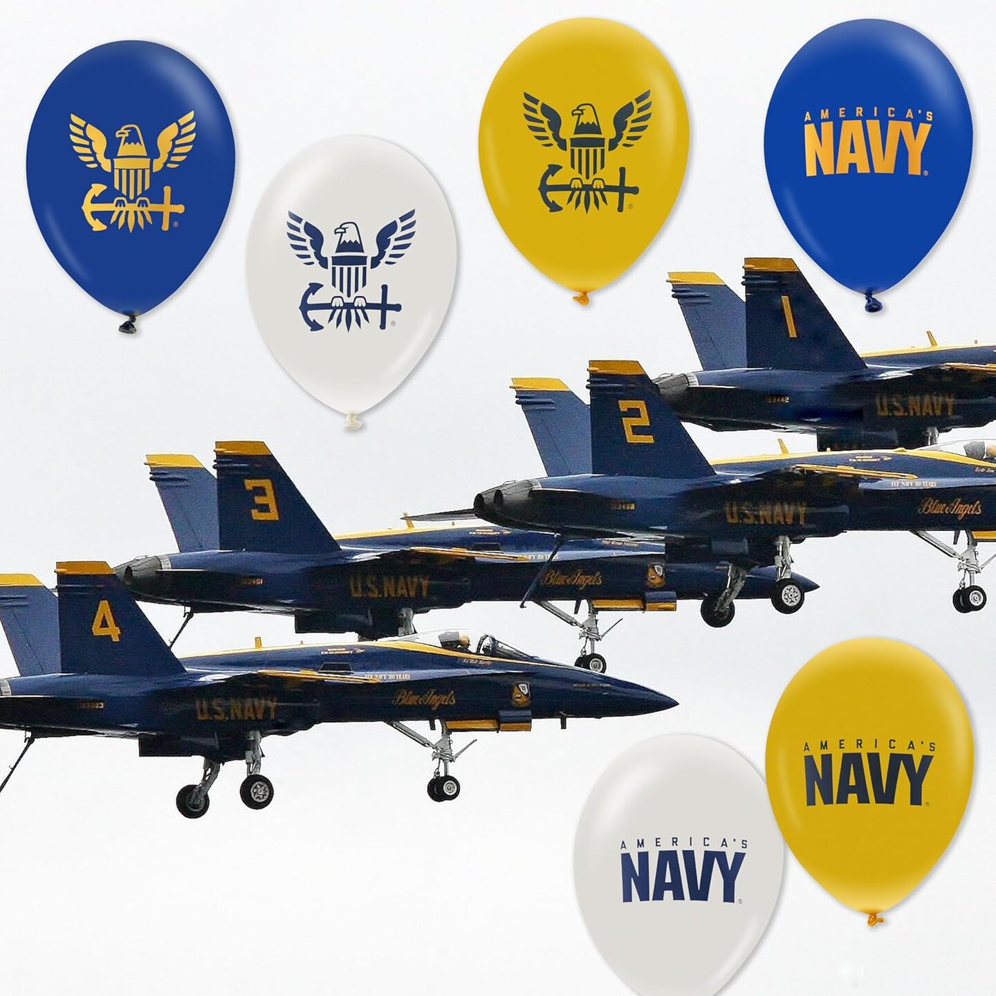 U.S. Navy Party Balloons (10 pcs)! 12” Latex balloons in Blue, White & Yellow with Striking Print on 2 sides