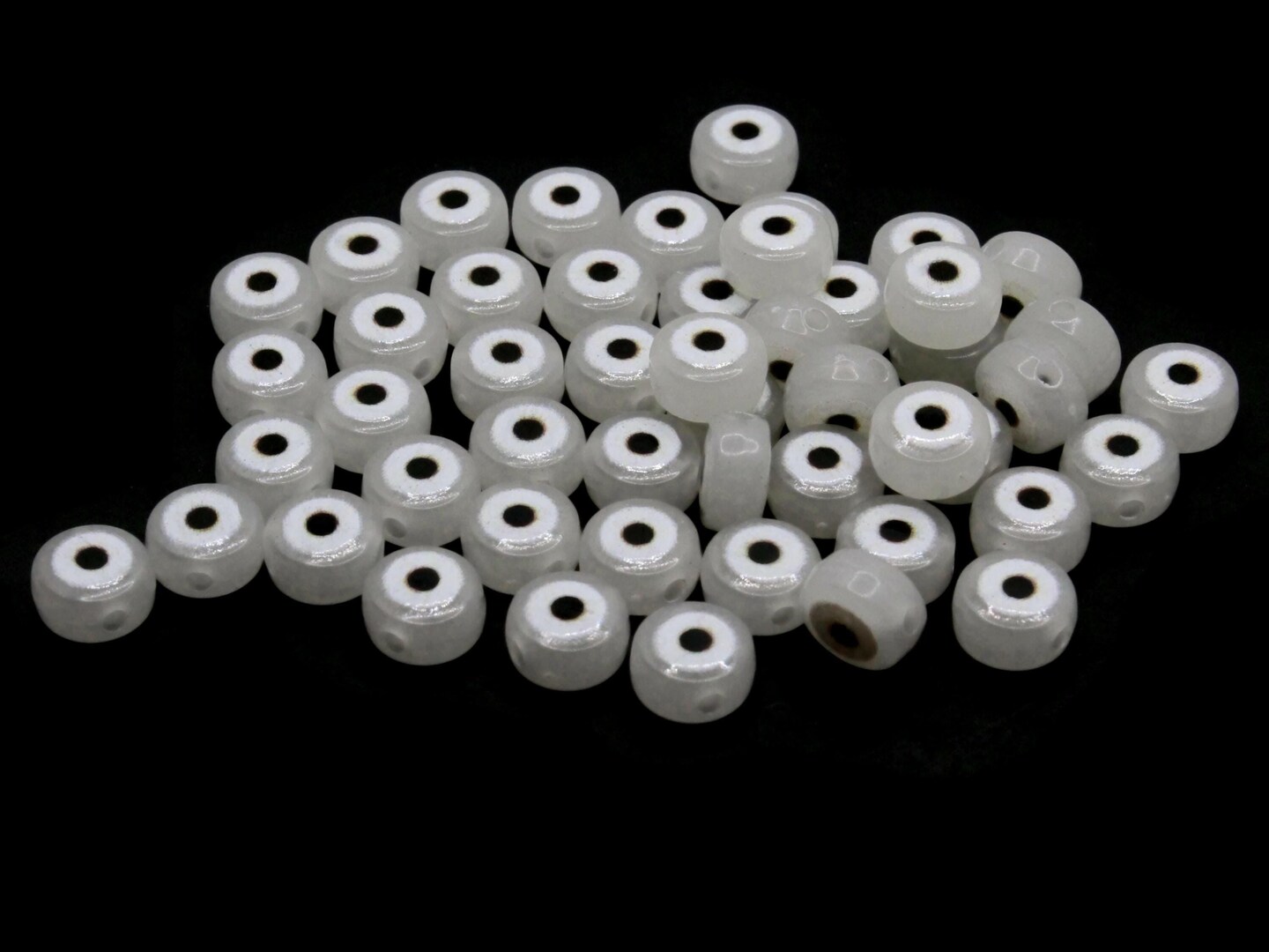 50 7mm Glow in the Dark Black and White Evil Eye Small Smooth Flat Round Disc Plastic Beads