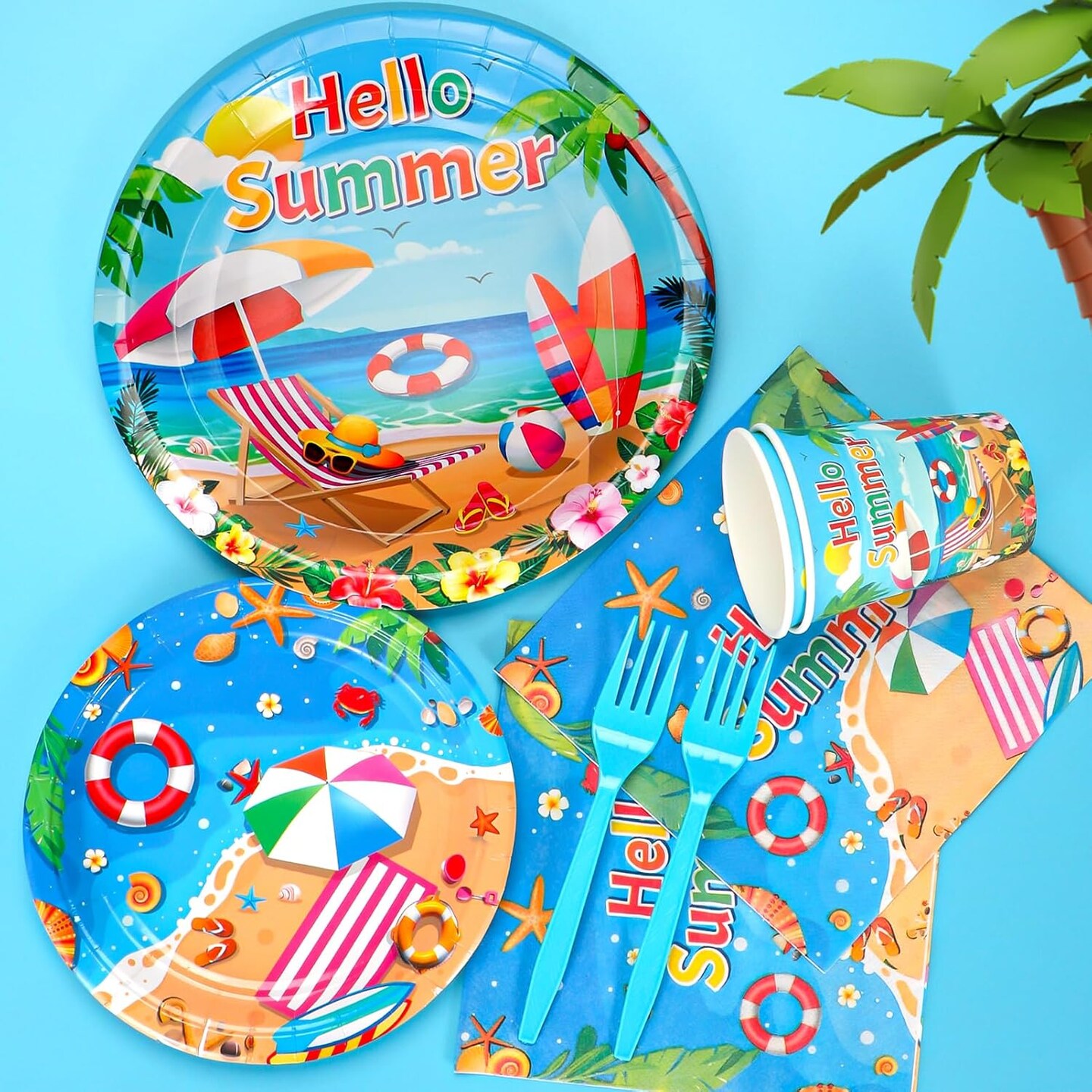 Beach Paper Plates, Beach Plates and Napkins Party Supplies, Disposable Plates, Cups, Napkins, Cutlery and Tablecloth for Summer Tableware