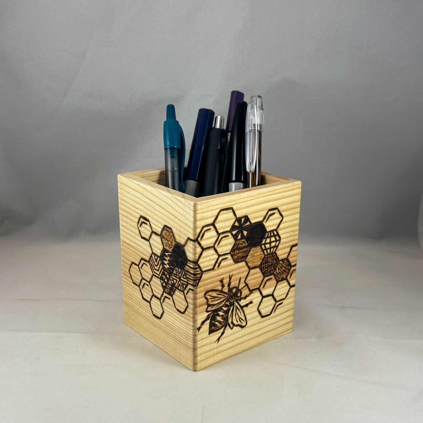 Honeybee Honeycomb Hexagons Wood Burned Pen Holder, Pyrography