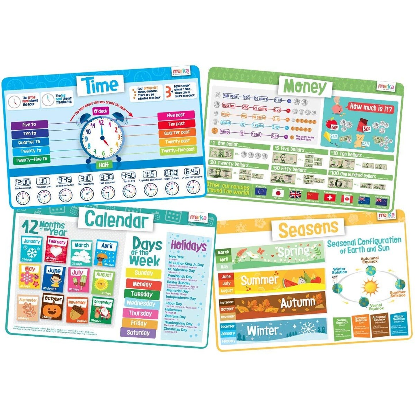 merka Kids Placemat, 4 Pack Toddler Educational Placemats 17x11 in, for Dining Table Features Time, Money, Calendar, Four Seasons, Silicone Reusable Wipeable Mats