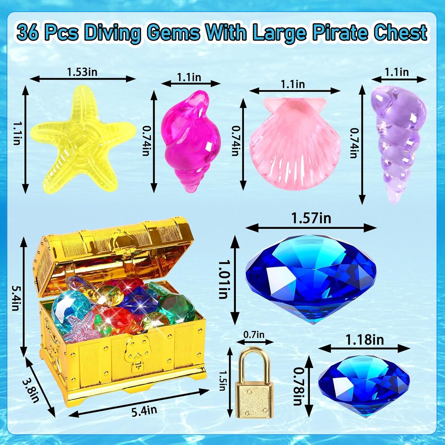 38 Pcs Summer Diving Pool Toys, 36 Big Assorted Dive Gems with Large Pirate Treasure Chest Box and Lock Acrylic Diamonds Sinking Toys for Kids Boys Girls Swimming Underwater Gift