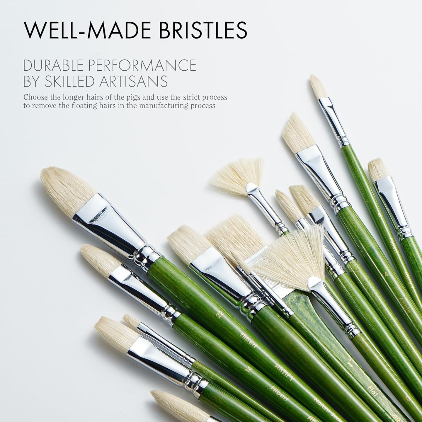 ARTIFY Oil Paint Brushes Set, Acrylic Paint Brushes with Long and Heavy Handle, 15 Pcs Professional Natural Chungking Bristle Paintbrush Set, for Oil and Acrylic Gouache Painting, Green