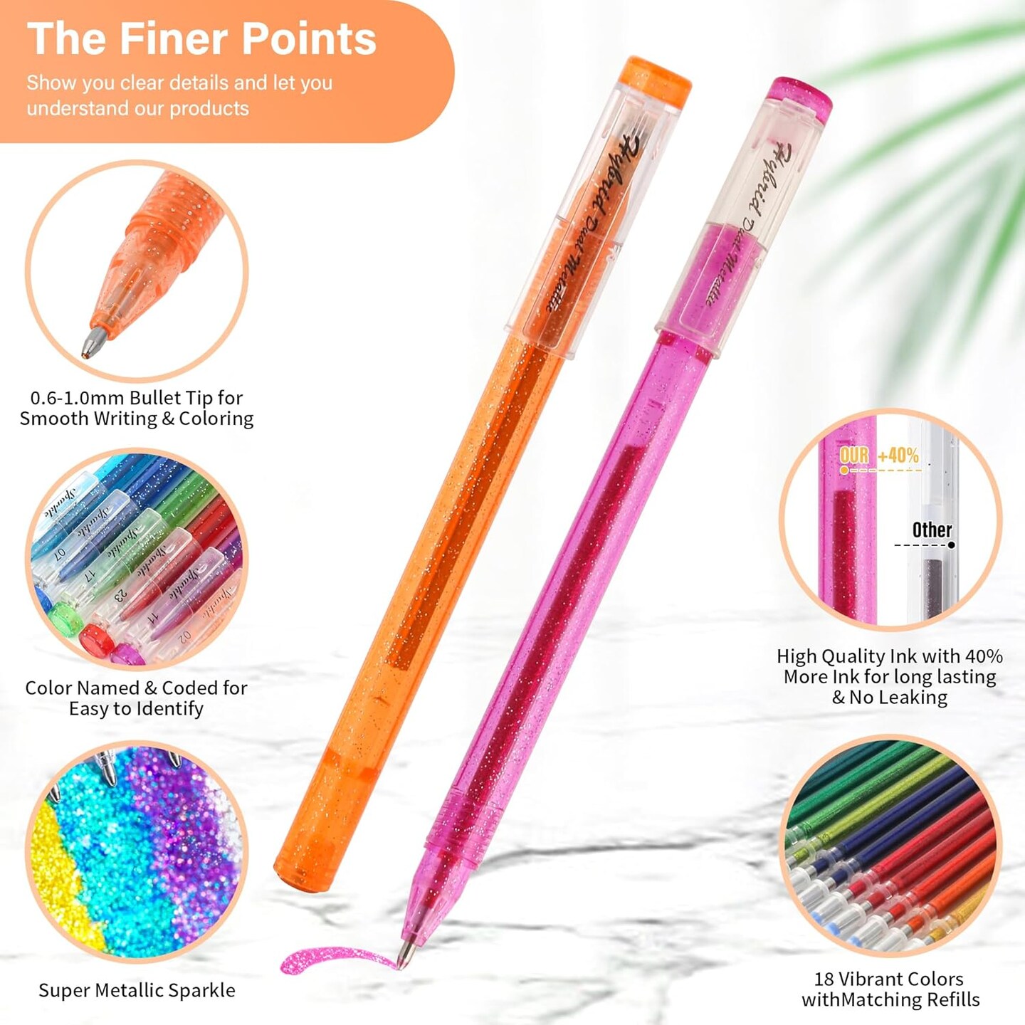 36 Pack Metallic Glitter Gel Pens Set, 18 Colors Sparkle Gel Pens with 18 Glitter Pen Refills in Canvas Bag for Adult Coloring Book Drawing Crafts Scrapbooks Journaling
