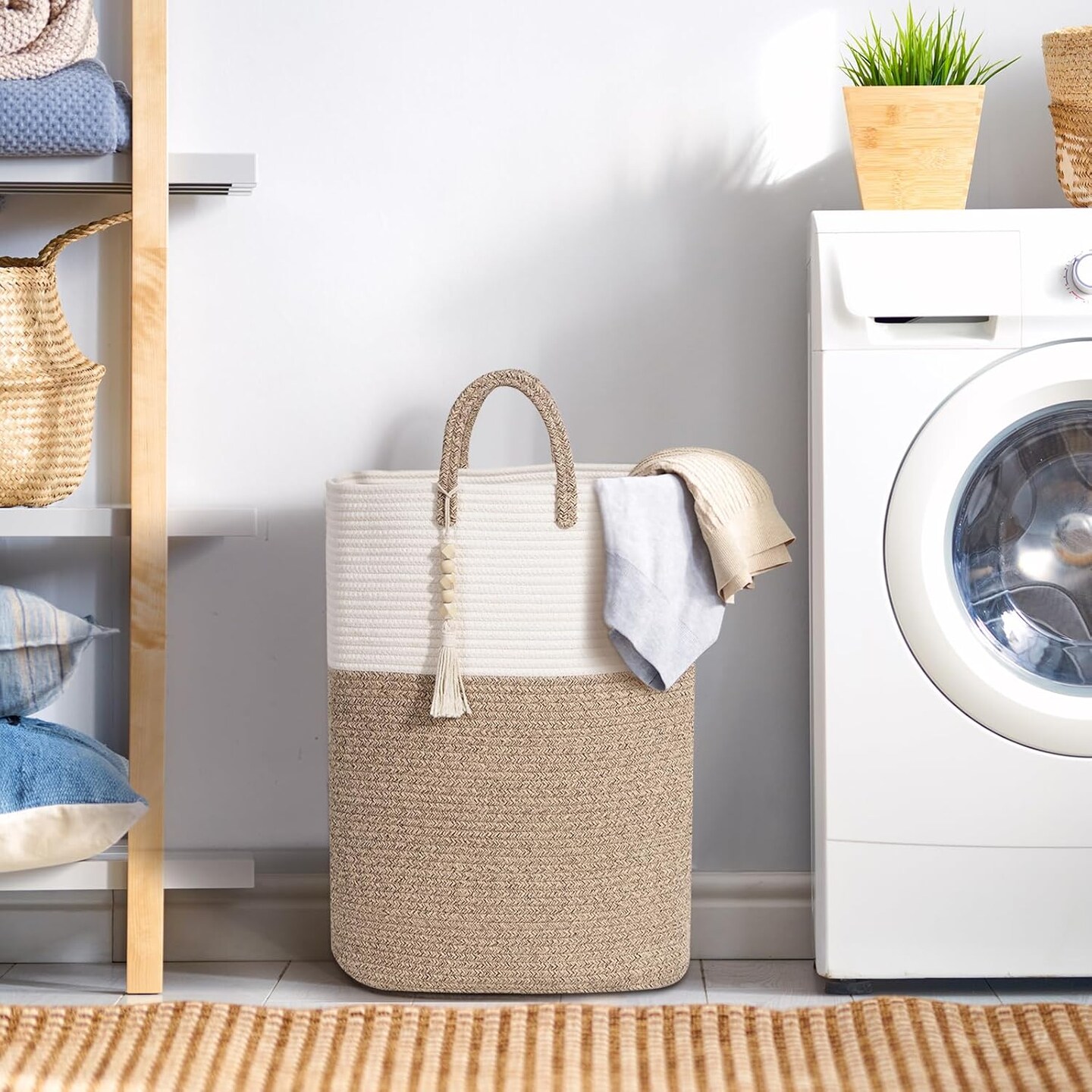 Woven Laundry Basket for Clothes, 65L Large Rectangle Laundry Hampers, Nursery Storage Basket for Toys, Tall Dirty Clothes Hamper for Bedroom Aesthetic, Bathroom, Laundry Room