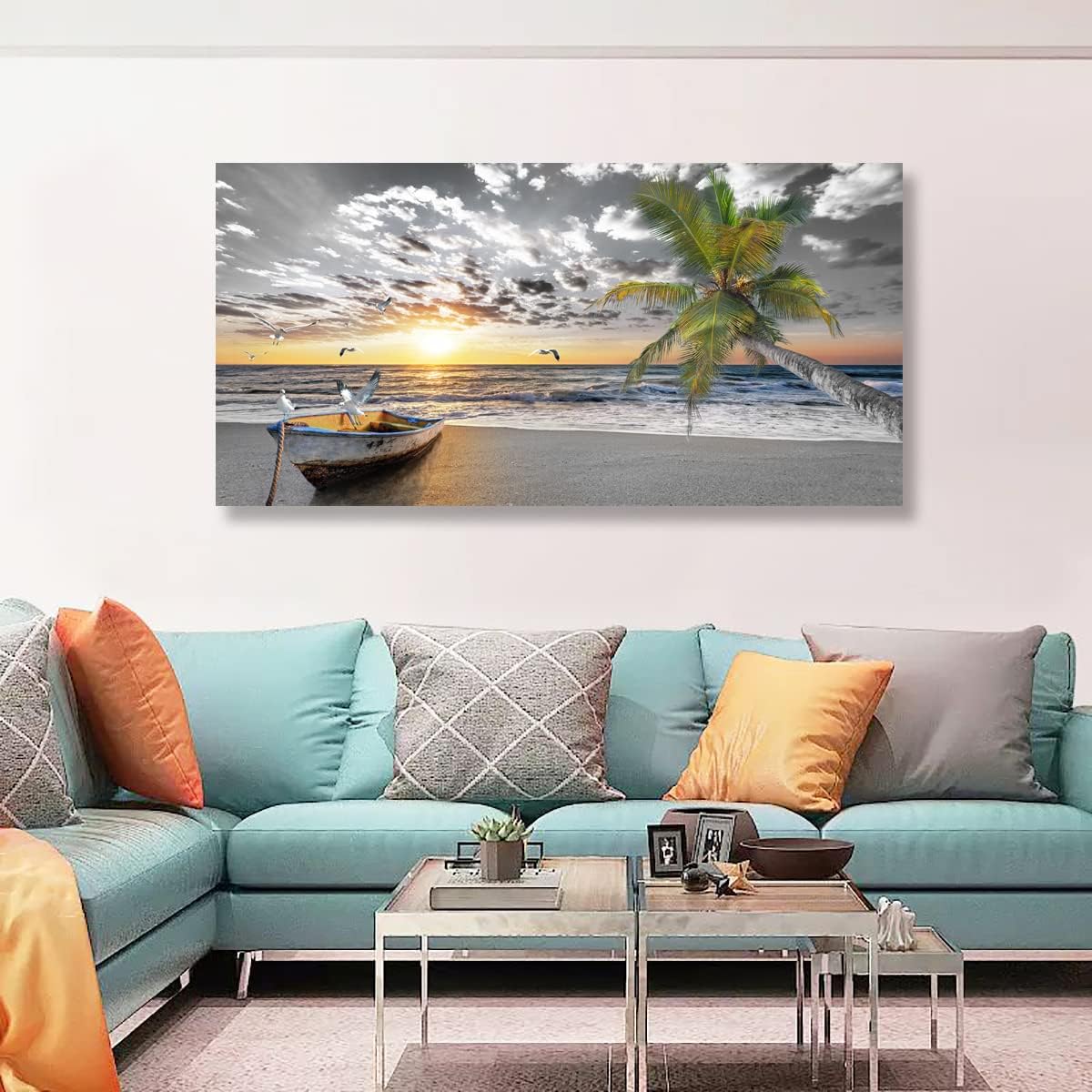 Canvas Wall Art Black and White Beach Palms Prints Paintings for Home Wall Decor Boat and Sunset Seascape Pictures Canvas Art for Living Room Bedroom Office Wall Decor Natural Scenery Artwork