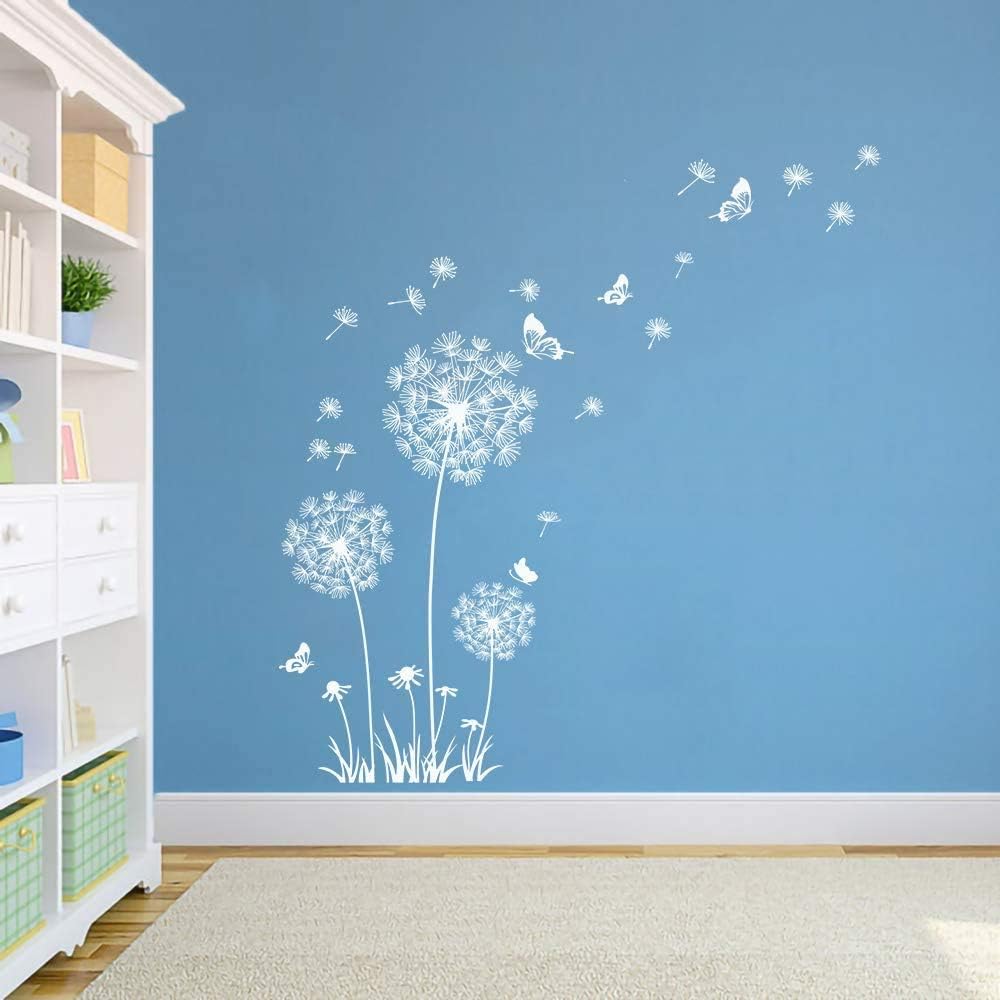 White Dandelion Art Stickers - Large Flower Butterfly Wall Decals for Bedroom and Living Room Decor
