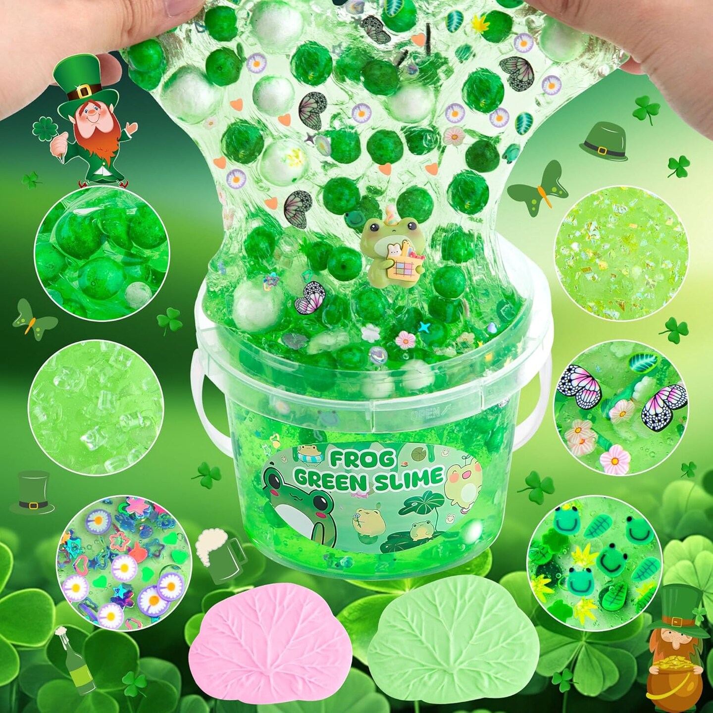 Frog Clear Slime 300ml, Green Clear Slime Kit for Girls Ages 8-12 with 8 Packs Slime Add-Ins, Slime for Kids Party Favors, Non Stick Slime with Clay, Halloween St. Patrick&#x27;s Day Easter Gifts