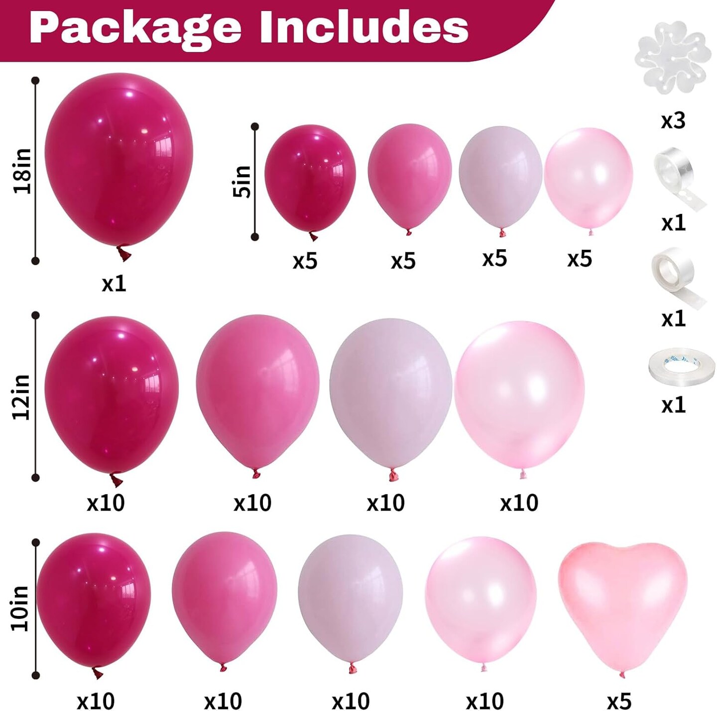 Pink Shades Balloons Arch Garland Kit, 106Pcs 18/12/10/5 Inch Hot Pink Balloons Pearl Pink Balloons Macaron Light Pink Balloons for Girl Women Birthday Baby Shower Wedding Valentine&#x27;s Day