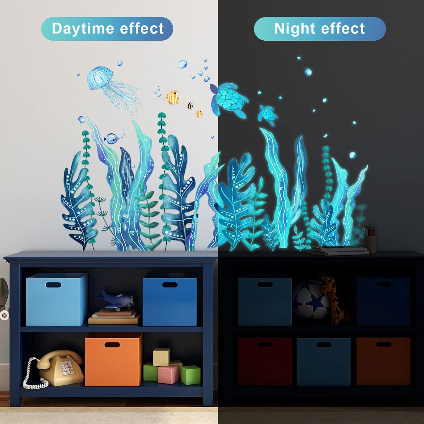 5 Sheets Turtle Wall Decals Stickers Under The Sea Stickers Ocean Grass Jellyfish Fish Removable Vinyl Decal for Bedroom Bathroom Nursery Room Wall Decor(Blue Glow Style)