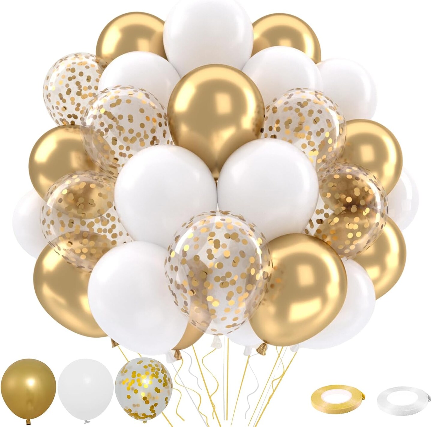 White and Gold Balloons Set, 50 pcs 12 inch Metallic Gold White Gold Confetti Latex Balloons