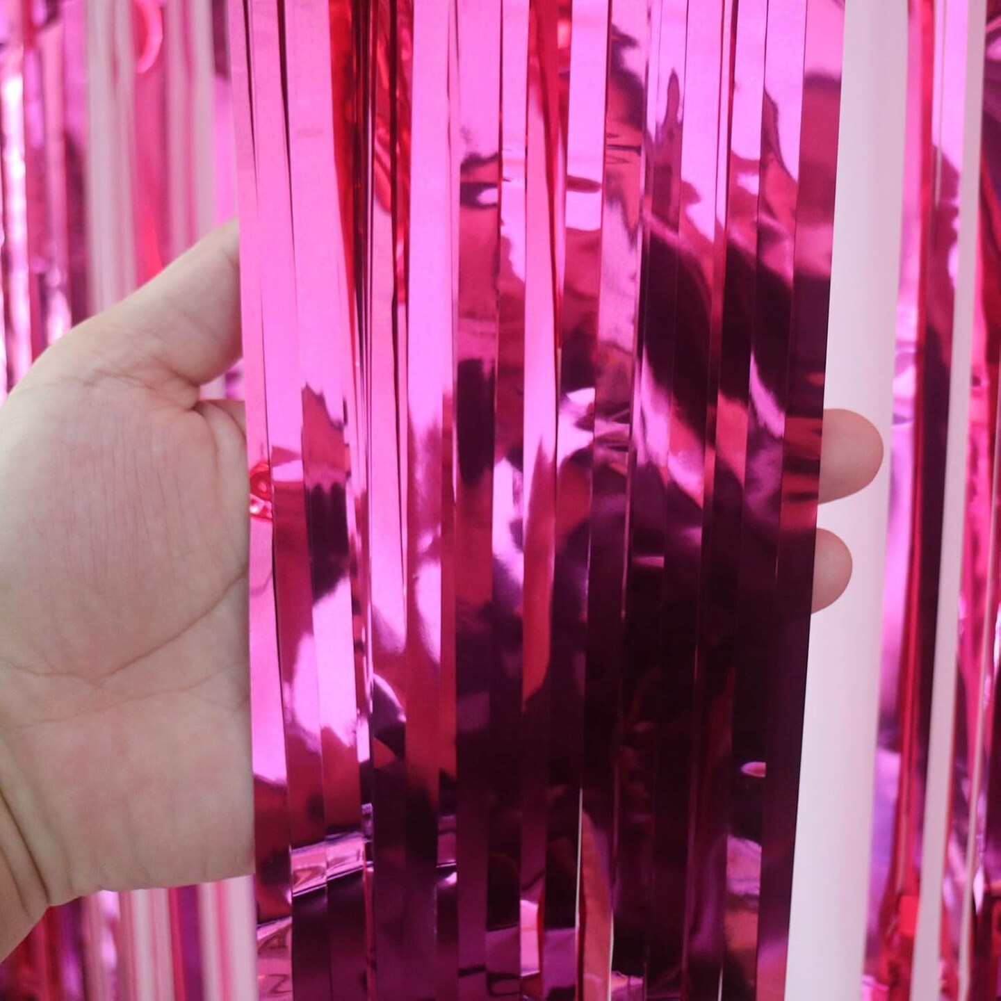 Hot Pink Backdrop Curtains - 3 Pack of 3.2x8.2ft Hot Pink Foil Fringe Curtains Streamers Backdrop for Birthday Party Valentines Backdrop Decorations