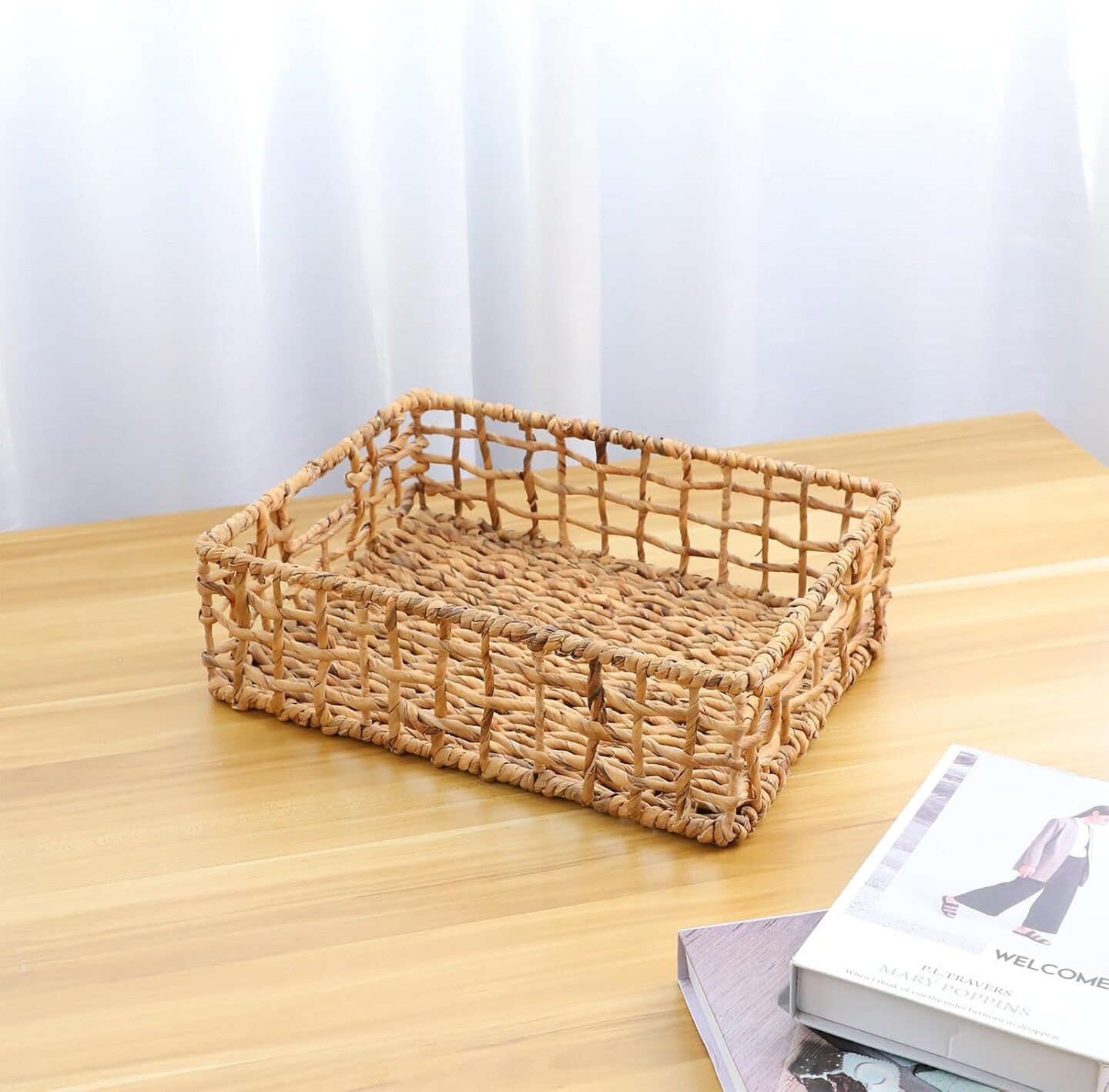 Summer Storage Basket Wicker Baskets for Organizing Hollow Woven Basket with Built-in Handles for Shelves/Pantry 16" x 12" x 5.5" Natural