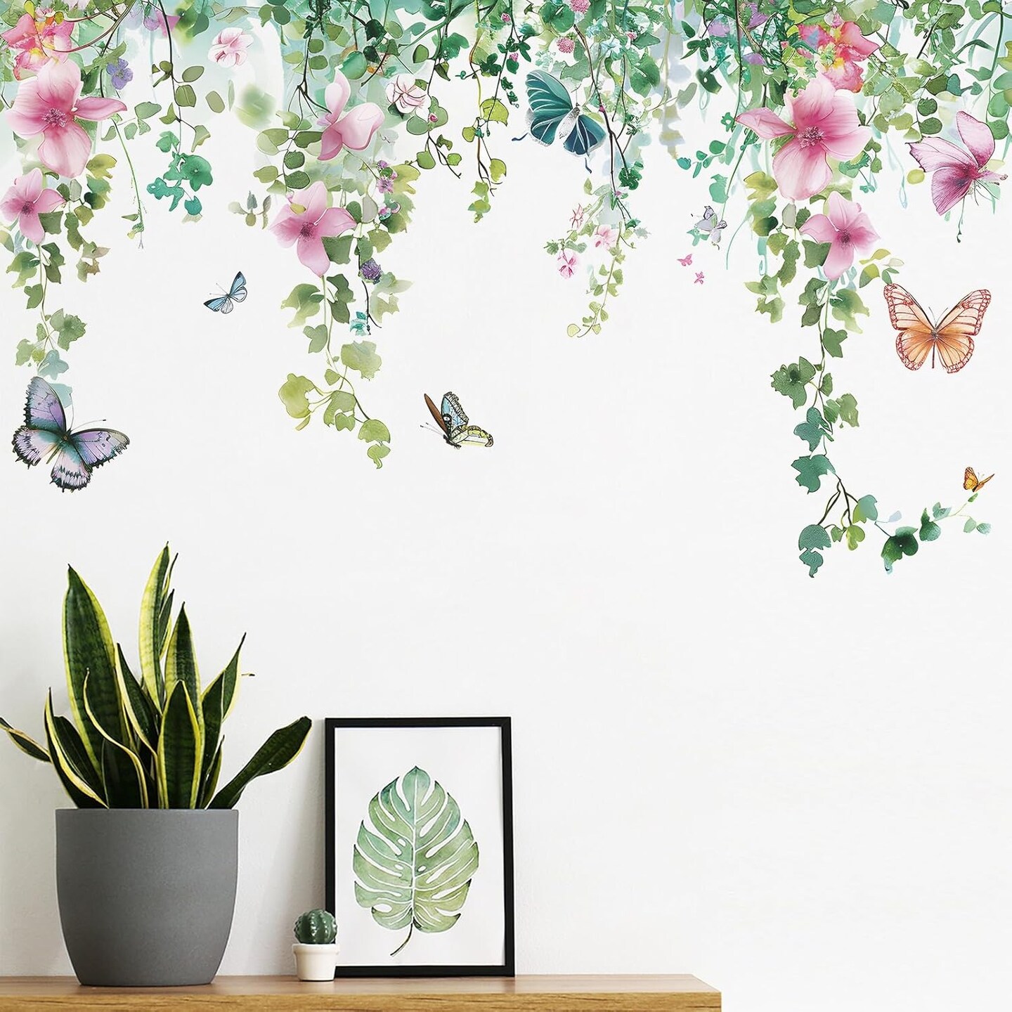 Flower Vine Wall Decals Hanging Green Leaves Wall Stickers Butterfly Flower Plants Corner Wall Murals Peel and Stick Natural Plants Wall Decor for Living Room Bedroom Kitchen