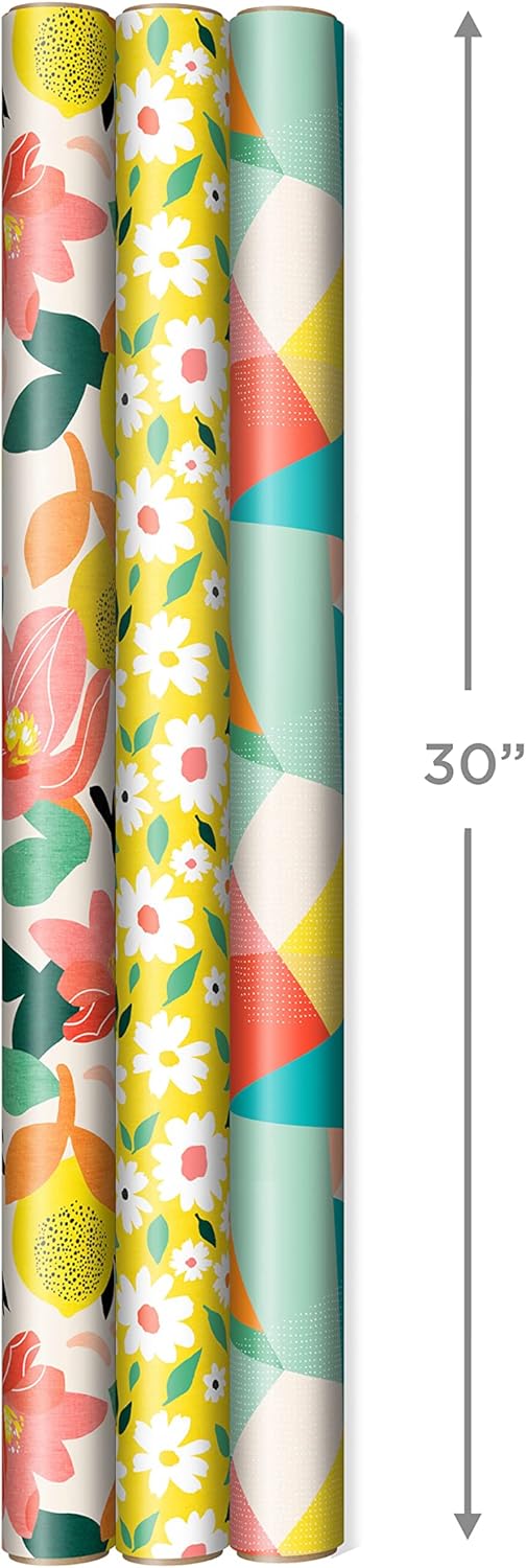 Reversible Spring Wrapping Paper (3 Rolls: 75 Sq. Ft. Ttl) Floral, Lemons, Bright Abstract for Easter, Birthdays, Mother's Day, Bridal Showers, Baby Showers