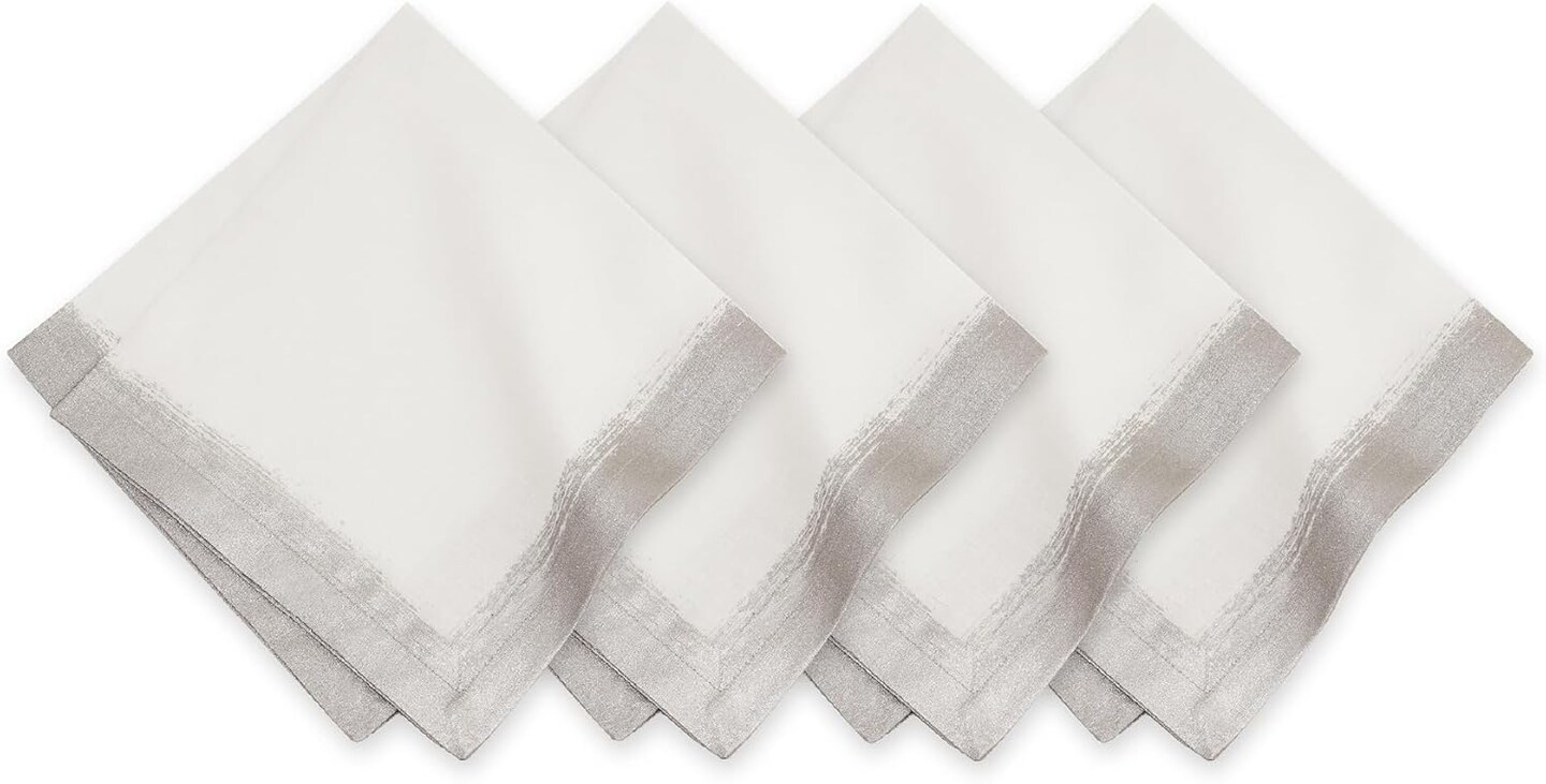 Linen Metallic Brushstroke Napkins, 21 Inches x 21 Inches, Set of 4, White and Silver