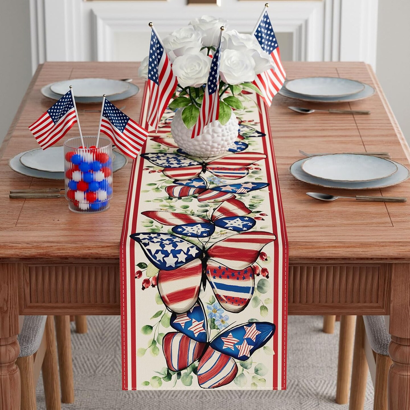 Watercolor America Stars Butterflies Eucalyptus Leaves Patriotic 4th of July Memorial Day Independence Day Table Runner Decoration for Home Kitchen Holiday Party