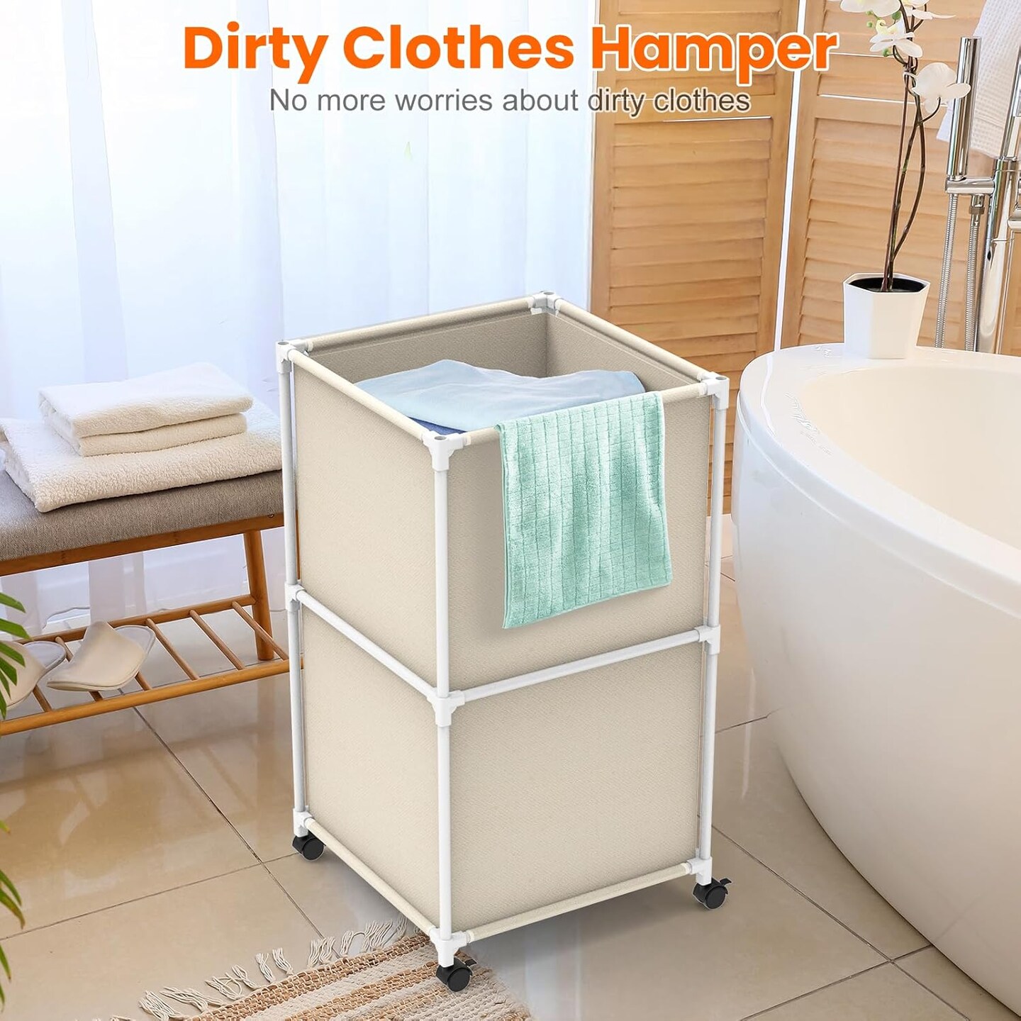 32Gal Large Laundry Hamper with Wheels - Rolling Clothes Basket, 120L Oxford Fabric Storage for Bedroom, Dorm, Laundry Room, Beige