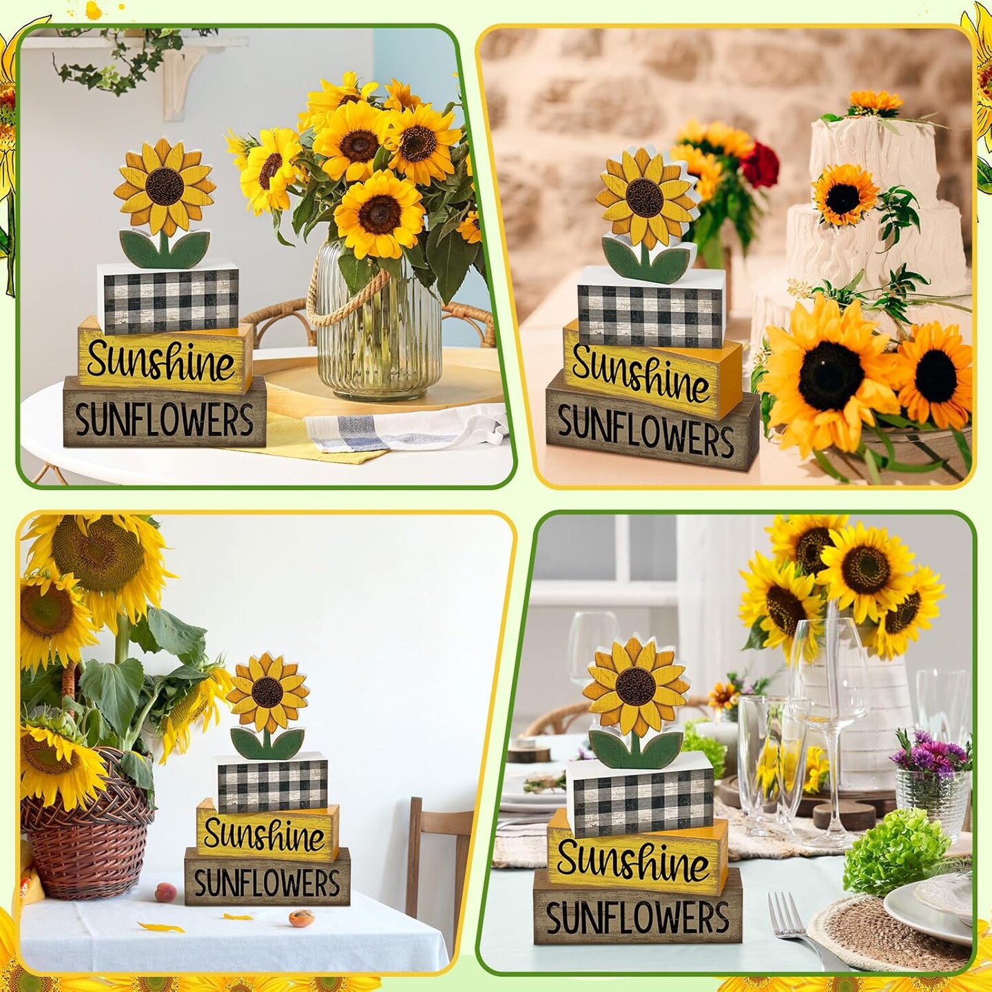 4-Piece Sunflower Wooden Table Decor – Sunshine Tiered Tray Set with Faux Book Stack, Rustic Farmhouse Centerpieces for Coffee Table, Mantel & Shelf