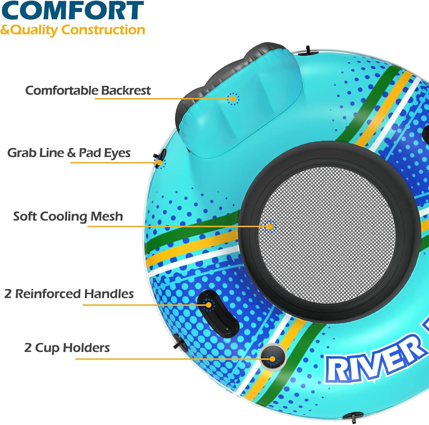 Inflatable River Tube Float - Heavy Duty River Float Pool Floats Lake Premium Water Tubes for Floating Recreational River Raft Lounge Floaties with 2 Cup Holders for Adult