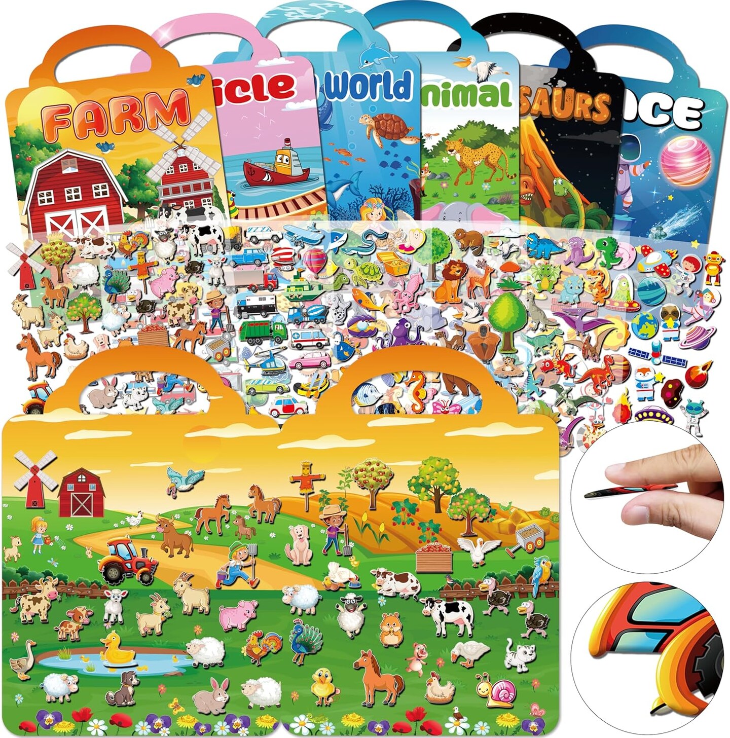 6Set Puffy Sticker Books for Kids 2-4, 3D Reusable Stickers Books for Toddlers 1-3,2-4,Farm+Animal+Dinosaurs+Ocean World+Space+Vehicle
