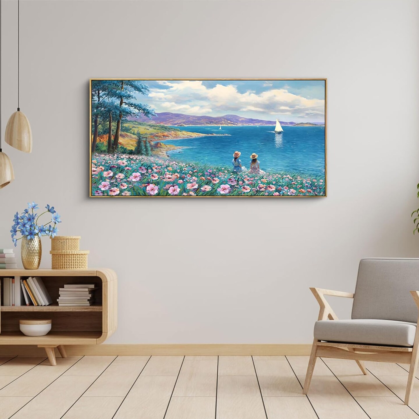 絵画 Riverocean Landscape Wall Art - Blue Ocean Pink Flower Sailboat