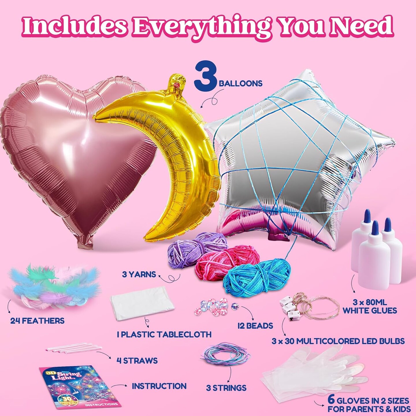 Kits 3D Summer String Art Kit for Kids, Light Up String Light Toy with 30 Multi-Colored LED Bulbs, Arts and Crafts Set, Birthday Gifts for Girls and Boys Ages 6+